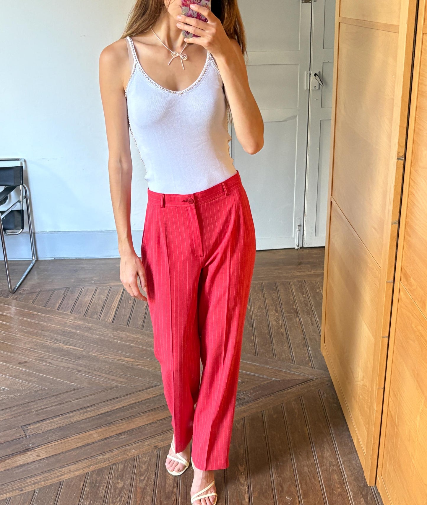 Vintage red and white pinstripe woman pants, Tom & Liber Estilo Propio Alicia high waist trousers, Luxury straight leg vibrant red pants