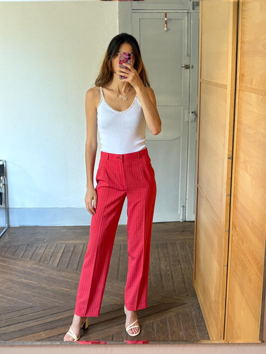 Vintage red and white pinstripe woman pants, Tom & Liber Estilo Propio Alicia high waist trousers, Luxury straight leg vibrant red pants