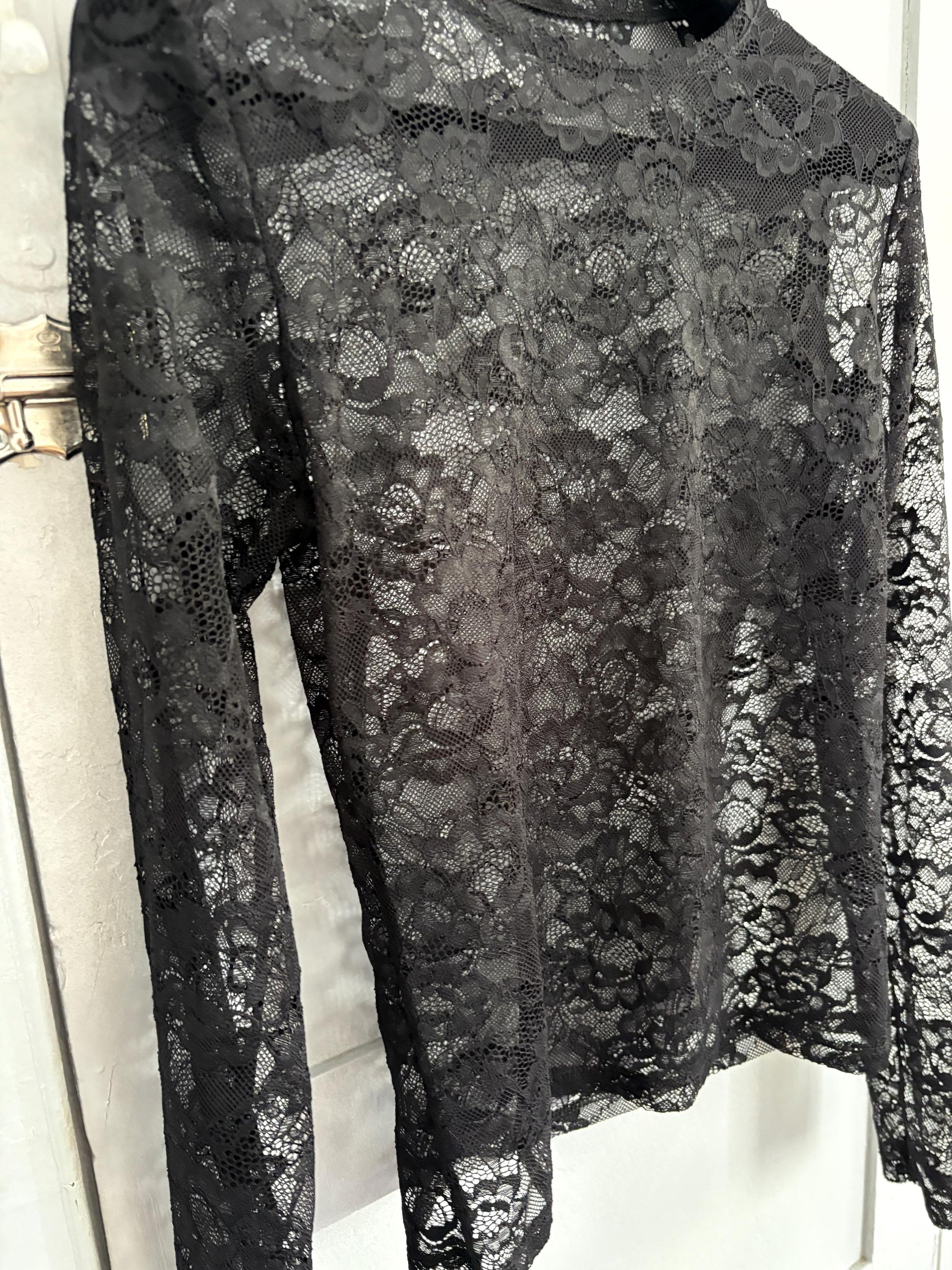Vintage black sheer lace top, sexy see-through floral mesh blouse, gothic y2k clubwear, delicate lingerie aesthetic, statement night-out