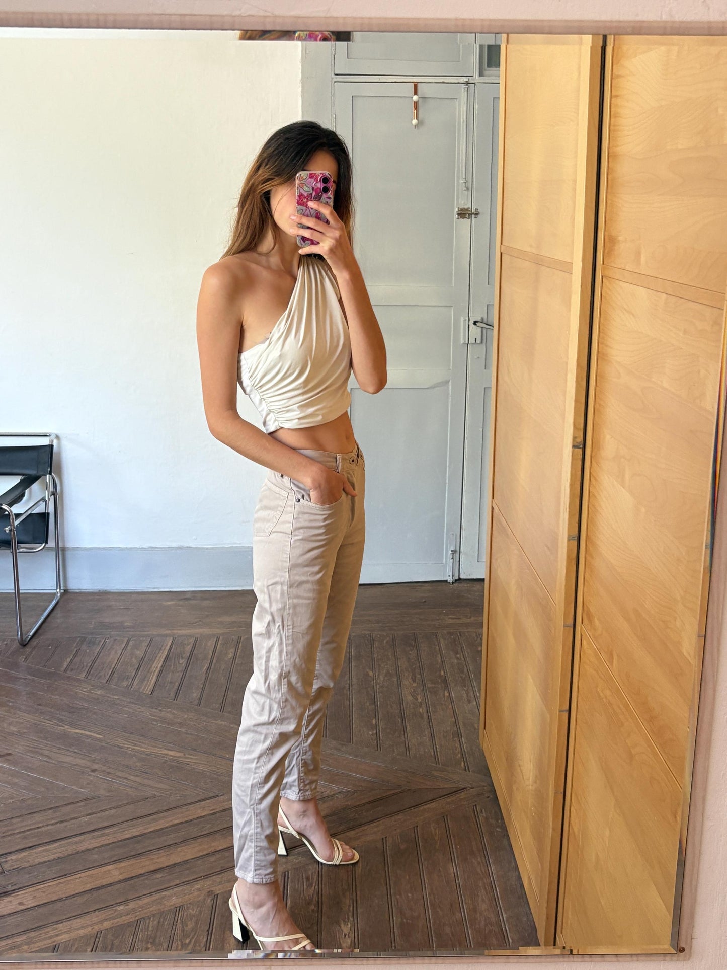 Vintage Caroche beige trousers, high-waisted straight-leg pants, neutral-tone casual jeans, classic retro fashion, timeless minimalist style