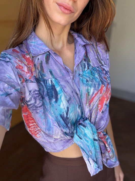 Vintage abstract print button-down, 90s oversized short-sleeve shirt, bold artistic festival top, retro unisex summer shirt, statement Y2K