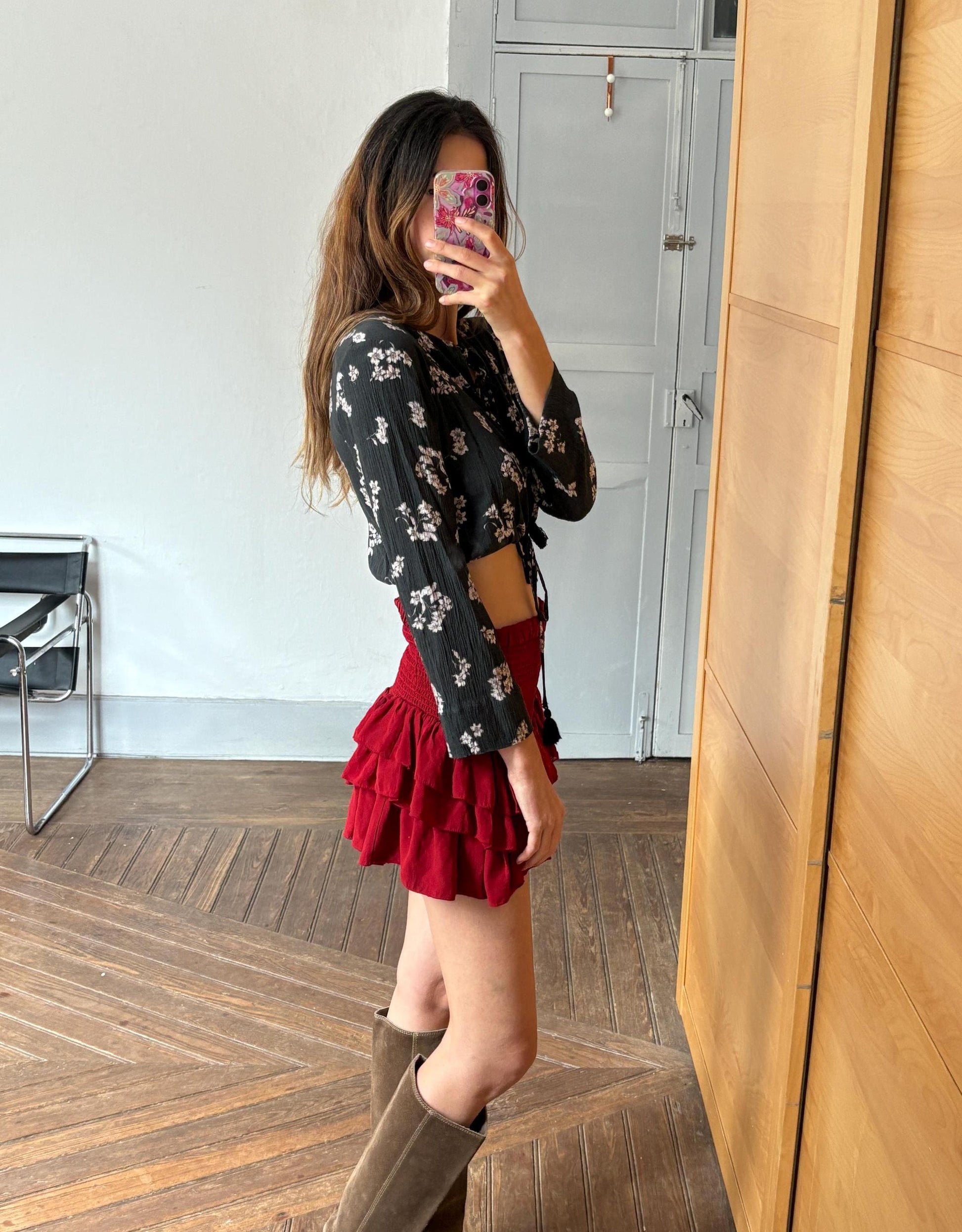 Vintage floral tie-front blouse, boho cropped top, romantic dark academia aesthetic, feminine retro long-sleeve shirt, festival fairycore