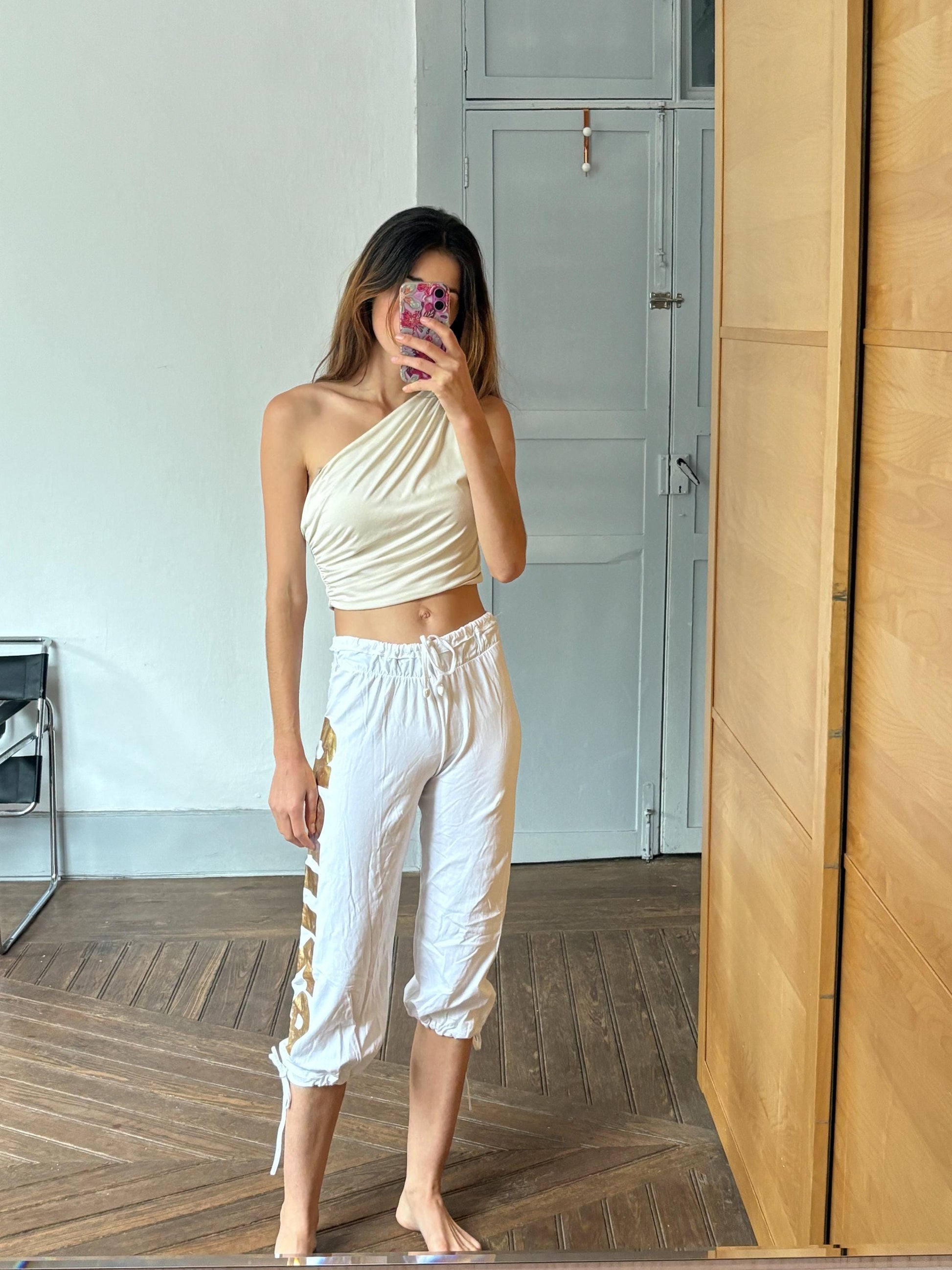 Vintage Atmosfera Danza White & Gold Dance Pants – Italian Chic Meets Sporty Glam, S