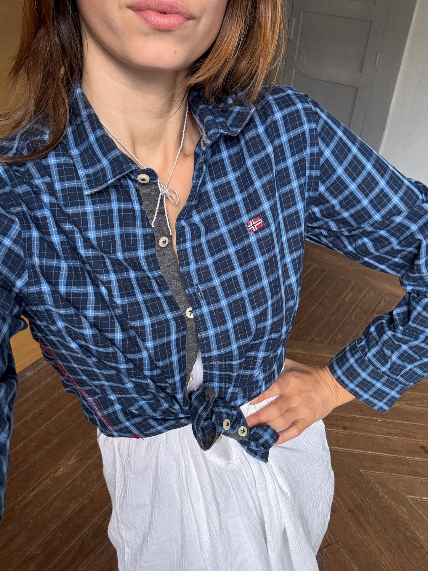 Vintage Napapijri slim fit button up blouse, Cotton lumberjack plaid shirt, Casual hiking essential, Size M