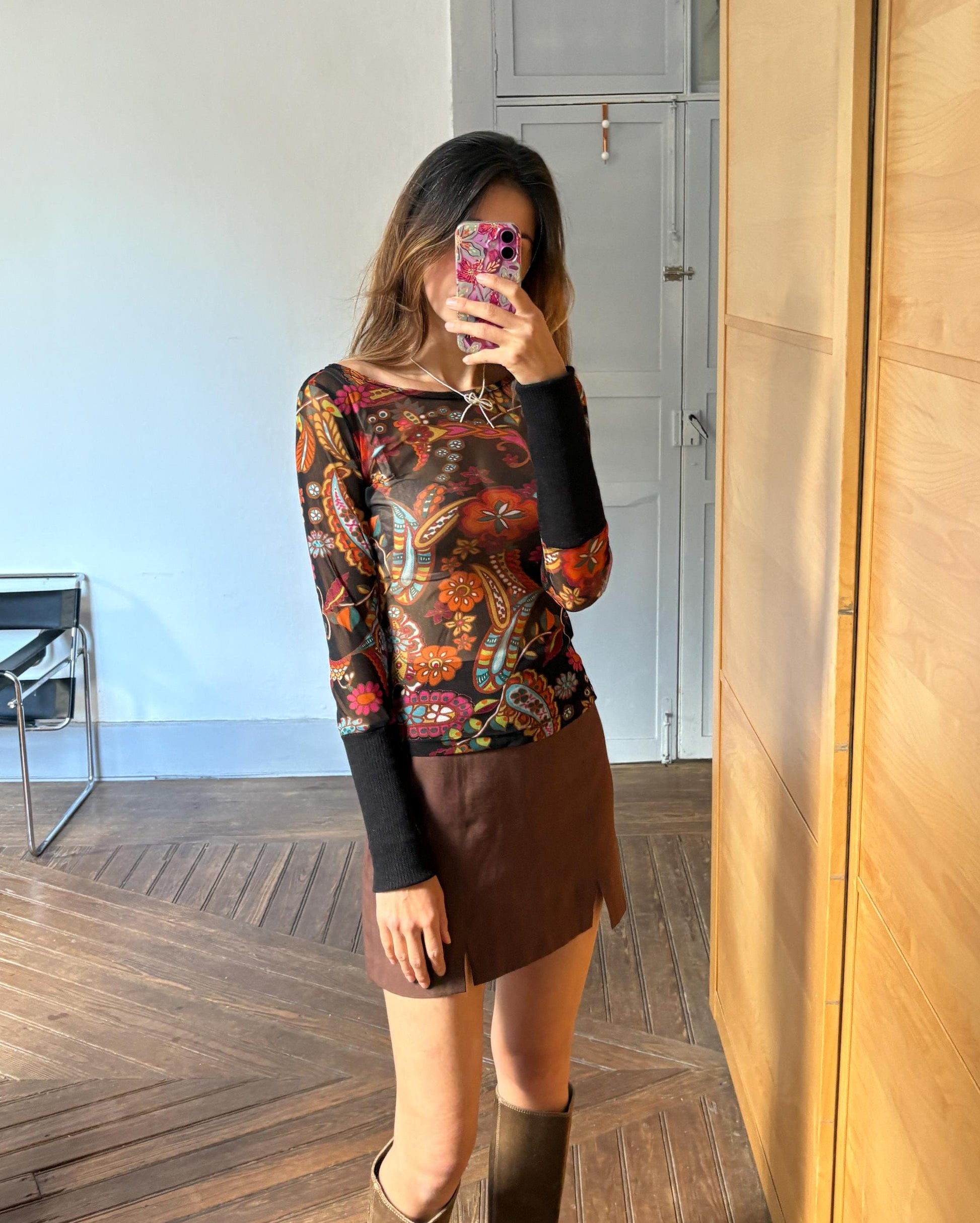 Vintage SHEER long sleeve top, Sexy autumn floral mesh shirt, See through Say t shirt, Size S