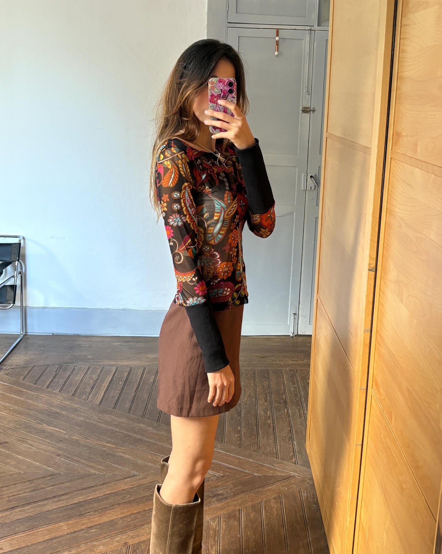 Vintage SHEER long sleeve top, Sexy autumn floral mesh shirt, See through Say t shirt, Size S