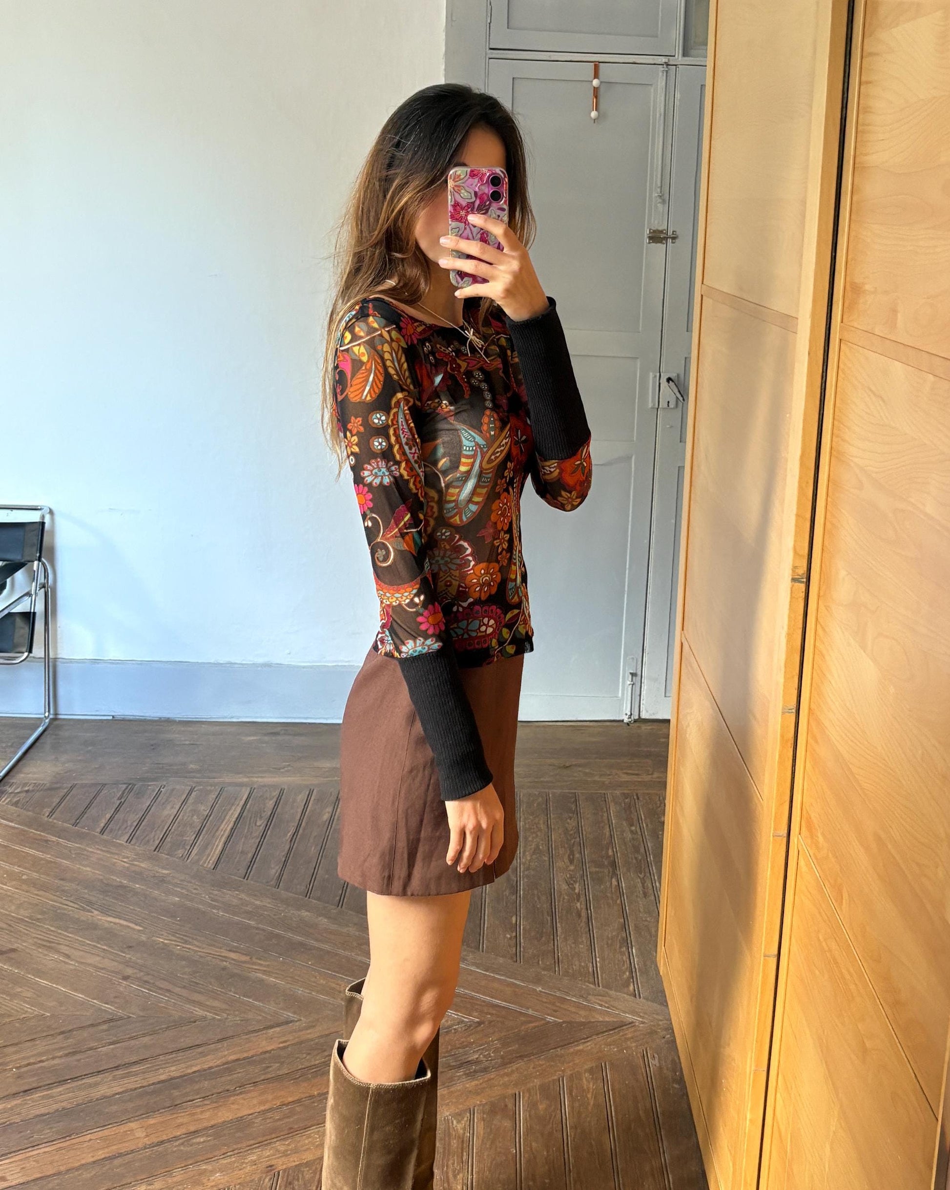 Vintage SHEER long sleeve top, Sexy autumn floral mesh shirt, See through Say t shirt, Size S