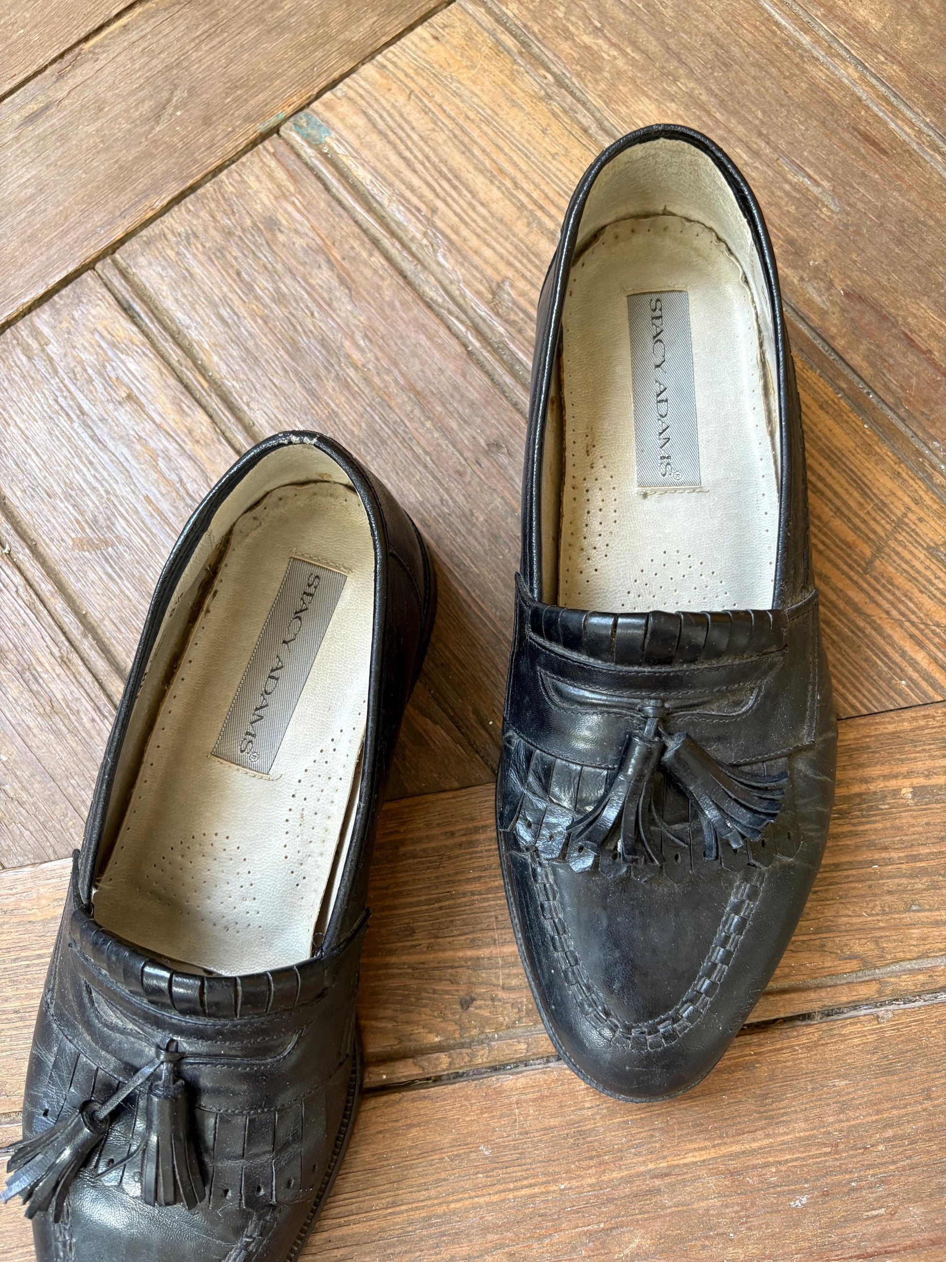 Vintage Stacy Adams tassel loafers men’s 8.5 – black leather, made in Spain, preppy aesthetic shoes