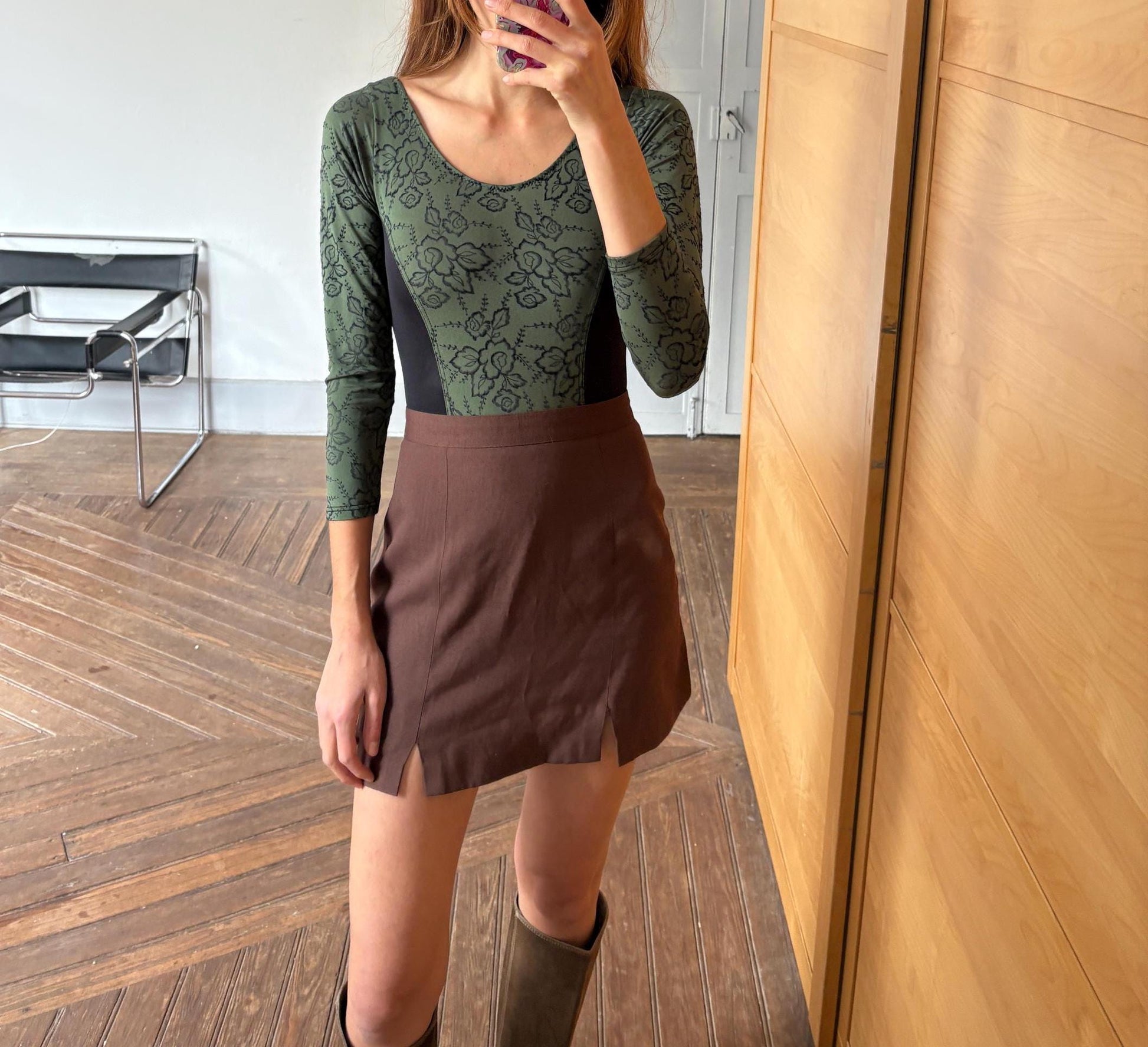 Vintage dark academia floral bodysuit, moody green & black romantic dancewear, gothic balletcore long sleeve leotard, unique vintage