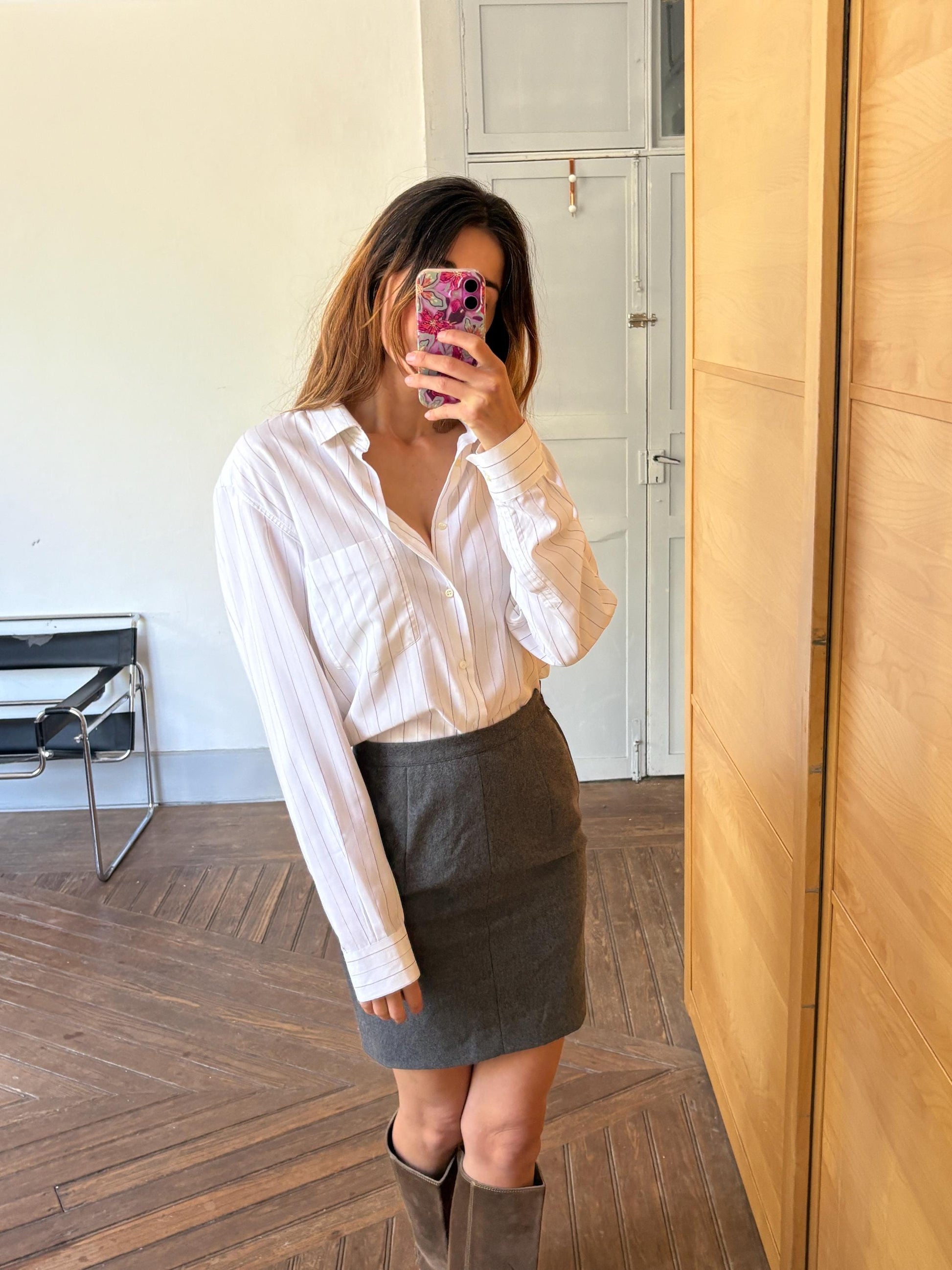 Vintage Dark Grey Wool Mini Skirt – High Waist Preppy Academia Aesthetic – Handmade Classic Plaid Schoolgirl Style – Size S
