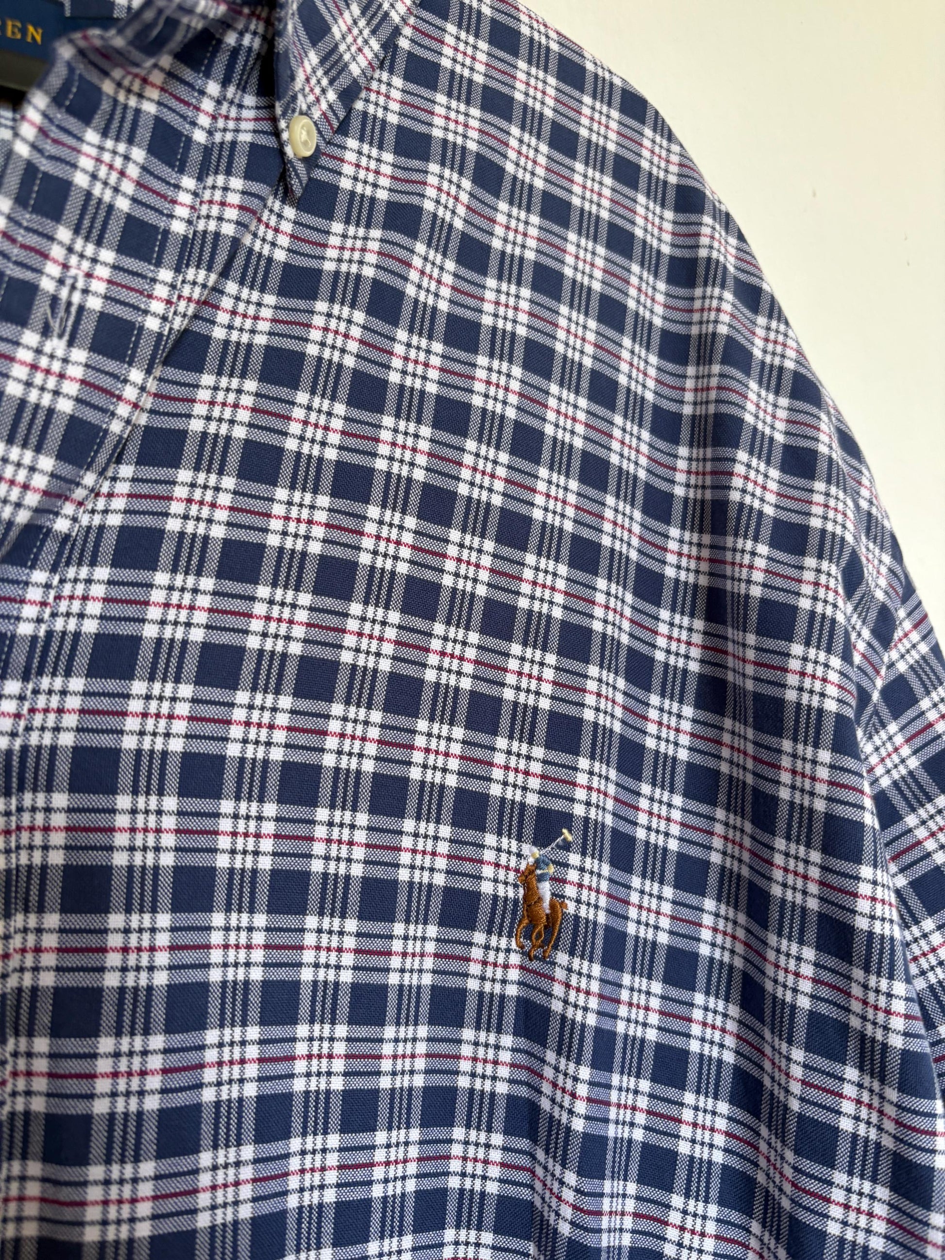 Vintage Ralph Lauren Button Up Blouse in Blue Plaid pattern, Oversized boyfriend Oxford shirt,