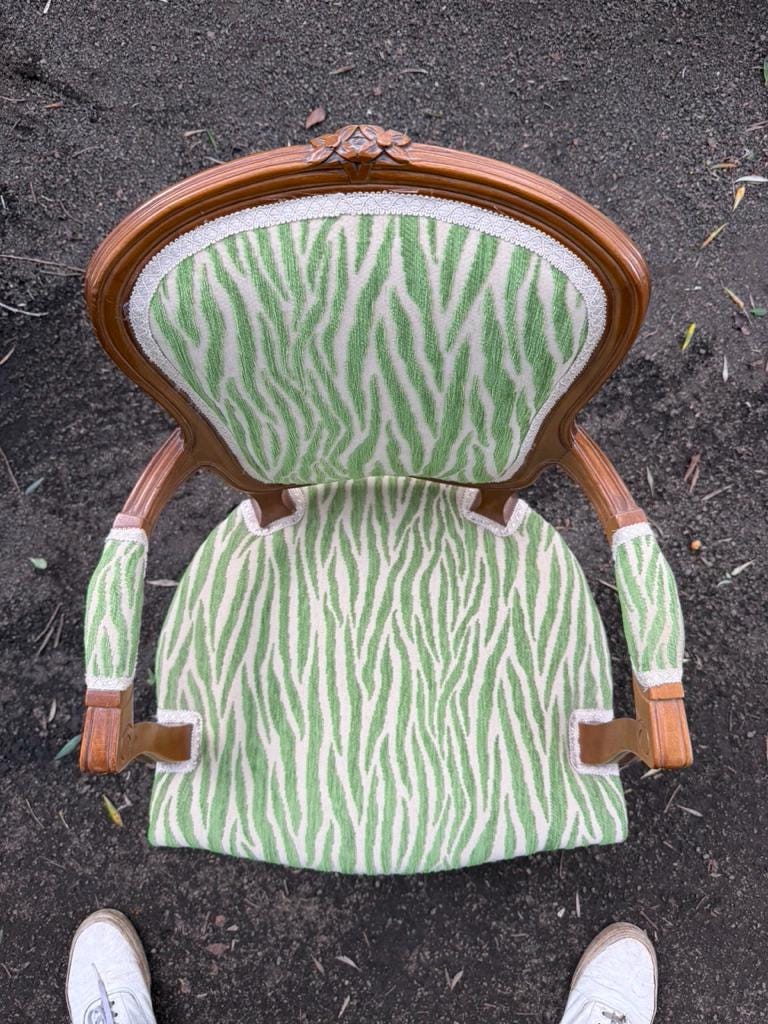 Louis XV Style Vintage Children Chair Green Zebra Baroque Armchair Upholstered 75cm
