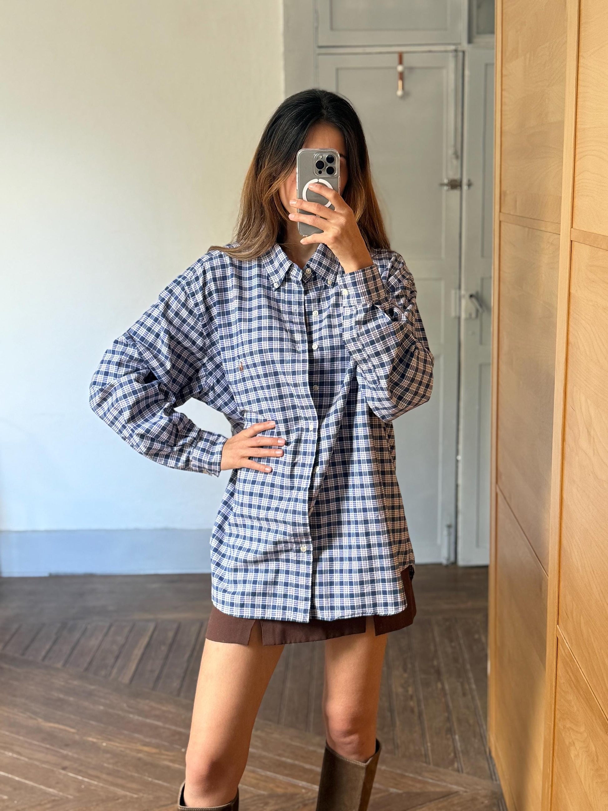 Vintage Ralph Lauren Button Up Blouse in Blue Plaid pattern, Oversized boyfriend Oxford shirt,