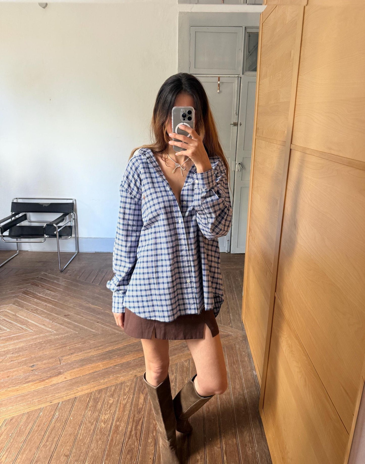 Vintage Ralph Lauren Button Up Blouse in Blue Plaid pattern, Oversized boyfriend Oxford shirt,