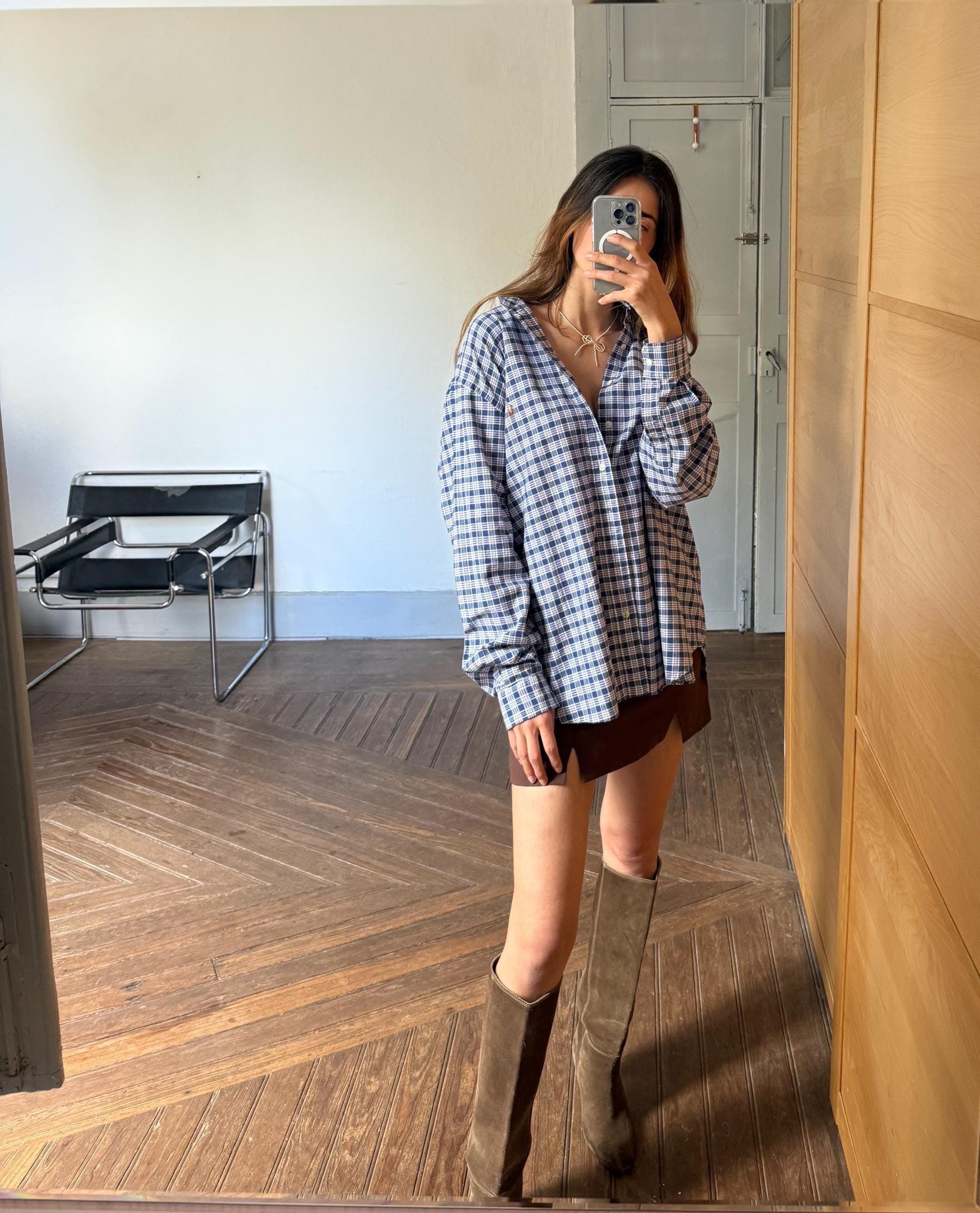 Vintage Ralph Lauren Button Up Blouse in Blue Plaid pattern, Oversized boyfriend Oxford shirt,