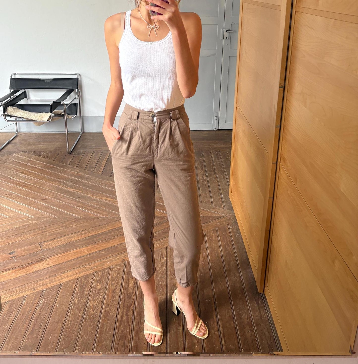 True Vintage Brown Cotton Trousers, Handmade Cottagecore Fit with Pleats & Tapered Leg, Unique antique pants