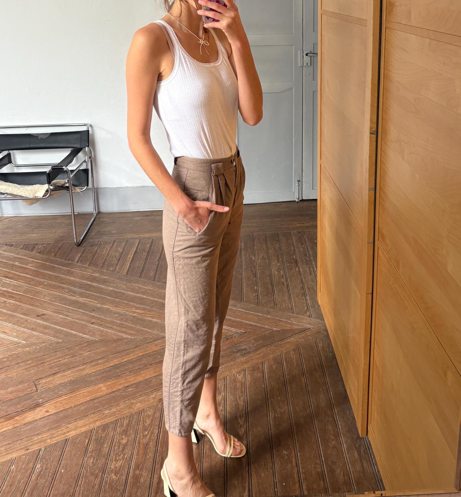 True Vintage Brown Cotton Trousers, Handmade Cottagecore Fit with Pleats & Tapered Leg, Unique antique pants