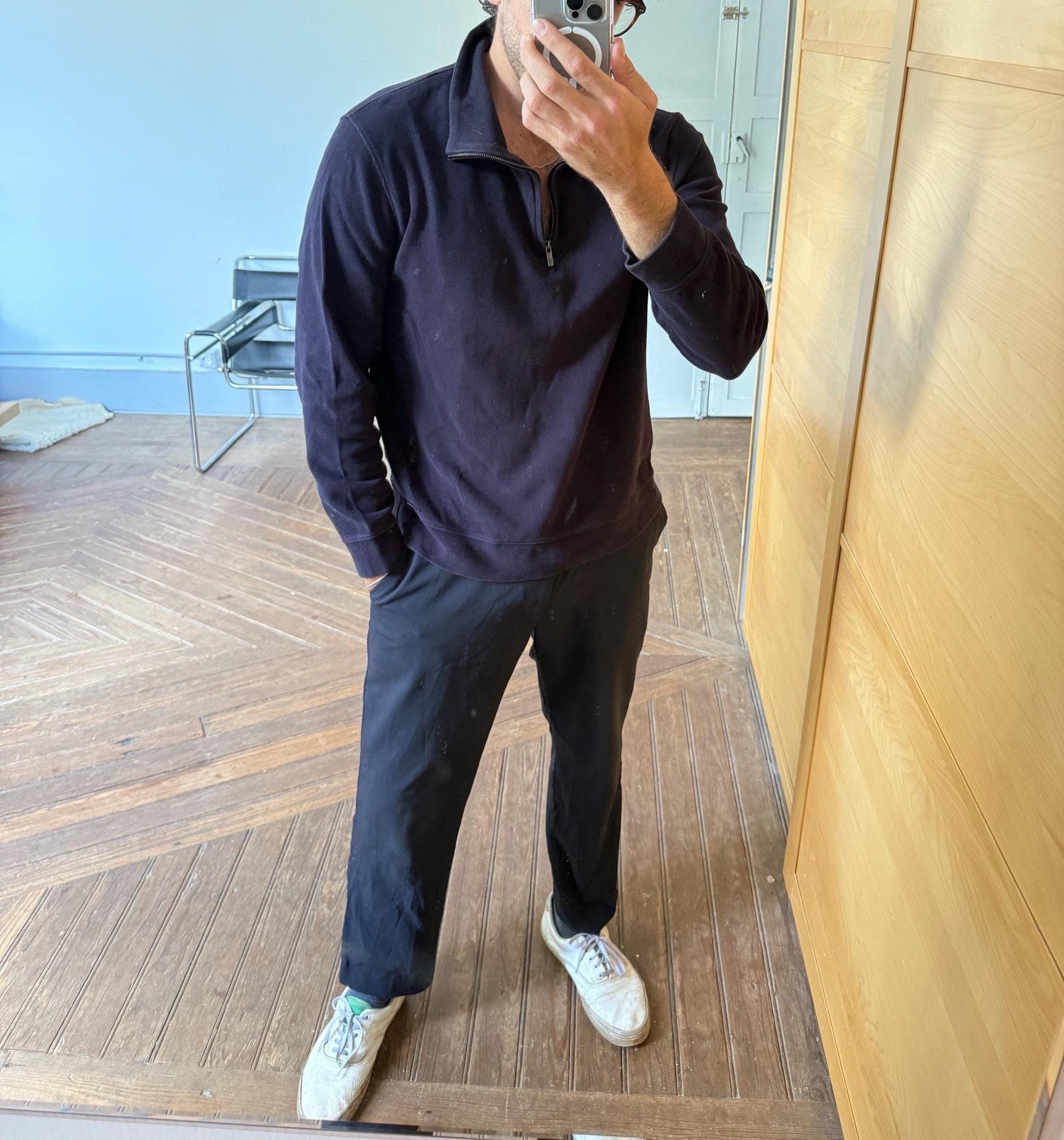 Vintage Massimo Dutti Men Jumper, 100% Cotton knitwear, Luxury dark blue Mockneck Minimalist sweater, Size L