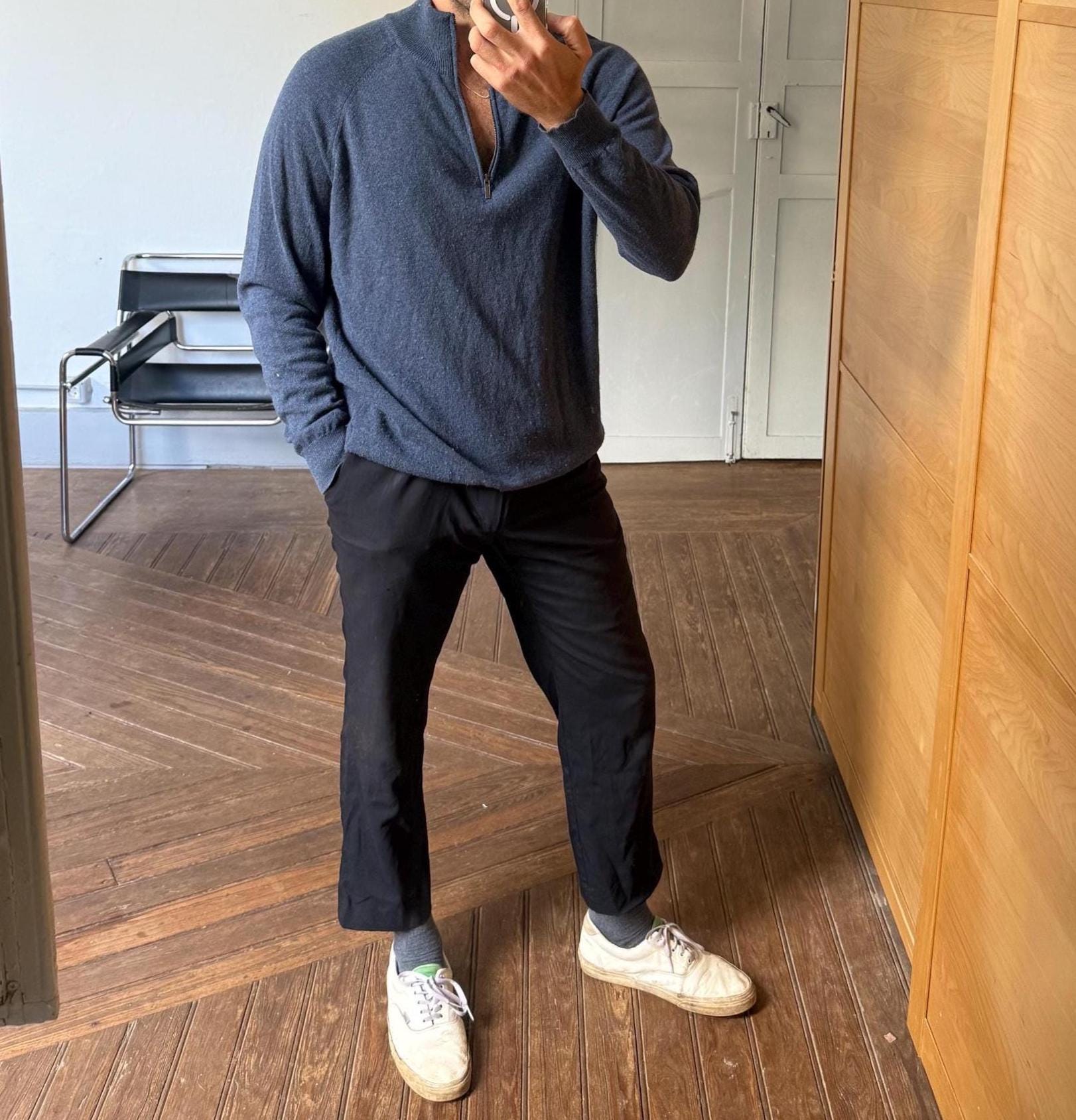 Vintage lambswool half-zip jumper, 100% lambswool soft knit mock neck pullover in blue, men’s sweater size 3XL - EU 62 - US XXL