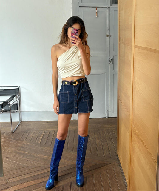 Vintage 90s Y2K Dark Blue Denim Mini Skirt – Front Pockets – High Waist – Indie Sleaze Streetwear