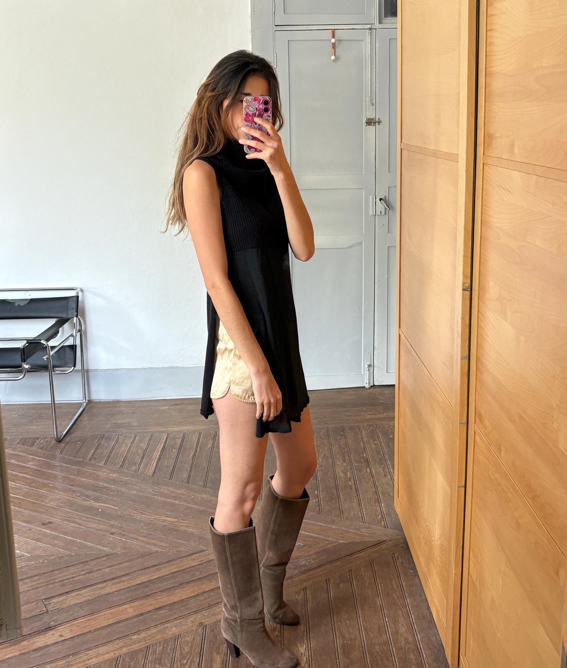 Vintage Black Sarah Pacini Turtleneck Tunic Top – Minimalist High Neck Wool Blend – Layered Sheer Mini Dress Look