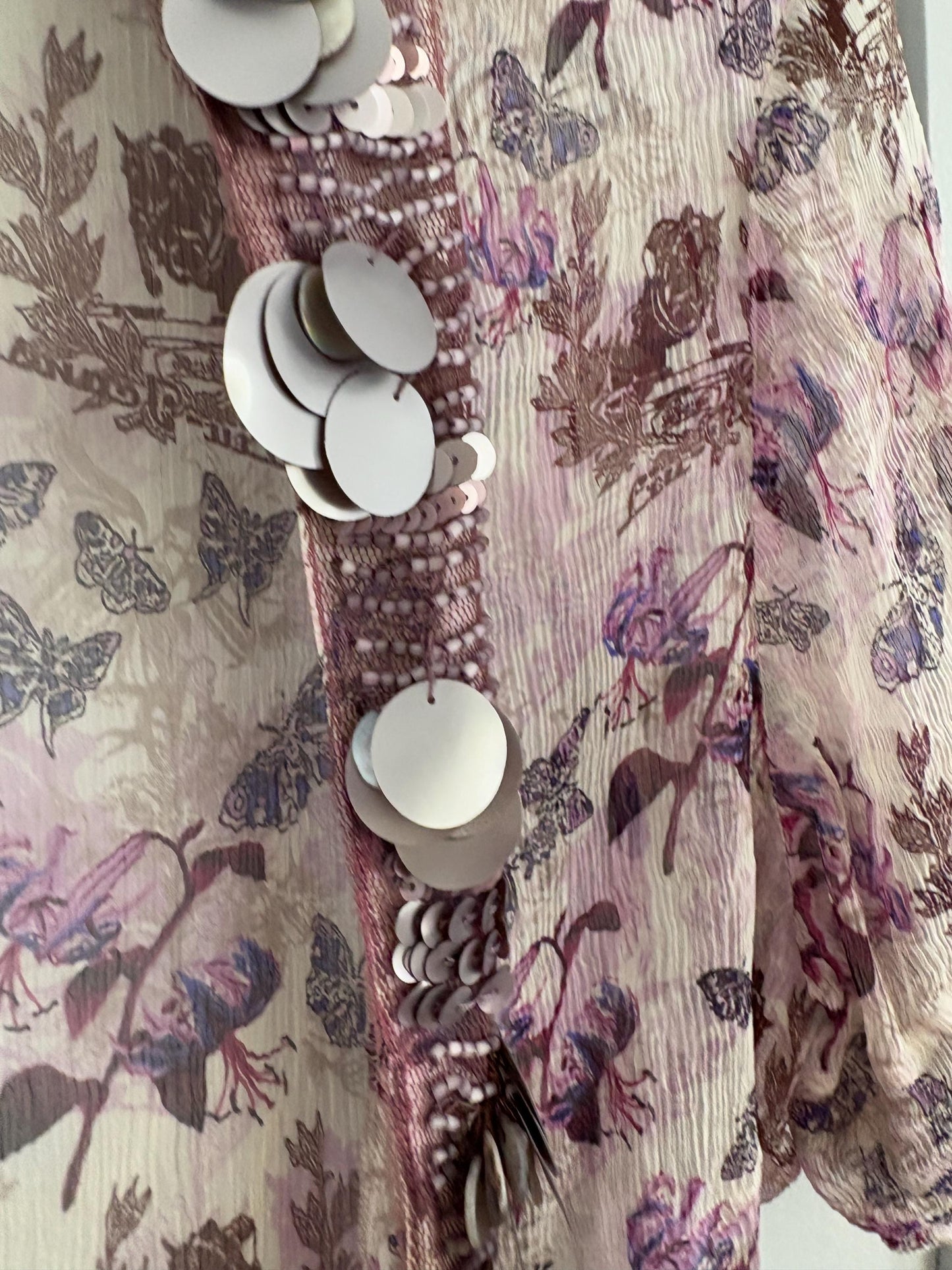 Liu Jo sheer floral dress, cotton feel, relaxed fit, deep V neckline, embellished collar, bohemian summer vibe, US S, beach cover, up