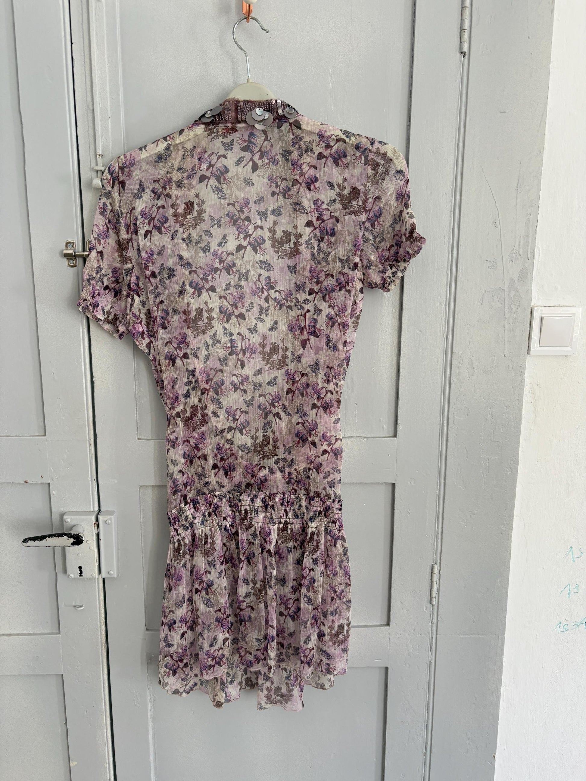 Liu Jo sheer floral dress, cotton feel, relaxed fit, deep V neckline, embellished collar, bohemian summer vibe, US S, beach cover, up