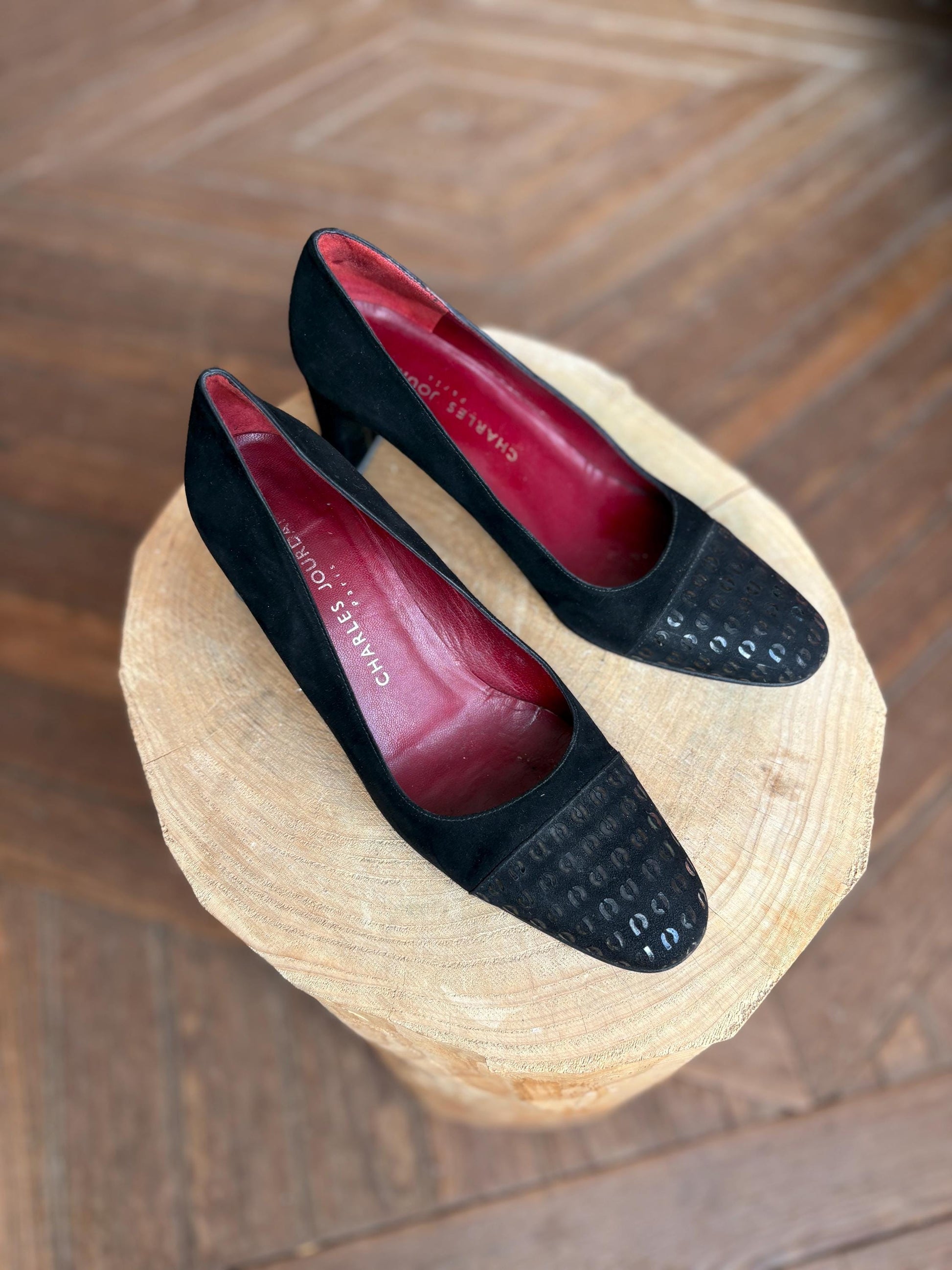 Vintage Charles Jourdan Paris Black Suede Leather Heels - Size 8.5 EU 39 UK 6 - Designer Pumps