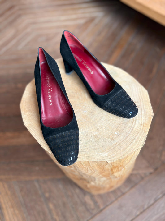 Vintage Charles Jourdan Paris Black Suede Leather Heels - Size 8.5 EU 39 UK 6 - Designer Pumps