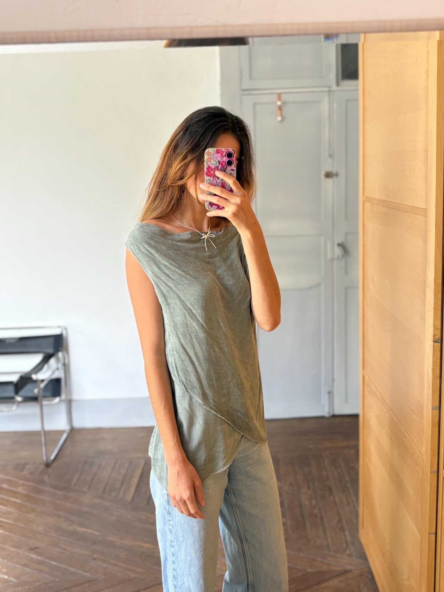 Vintage luxury made in Italy draped camisole top, Light grey elegant summer minimal camisole, Super soft shirt