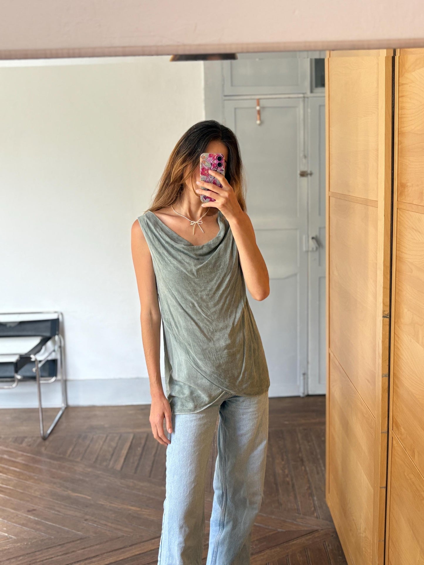 Vintage luxury made in Italy draped camisole top, Light grey elegant summer minimal camisole, Super soft shirt