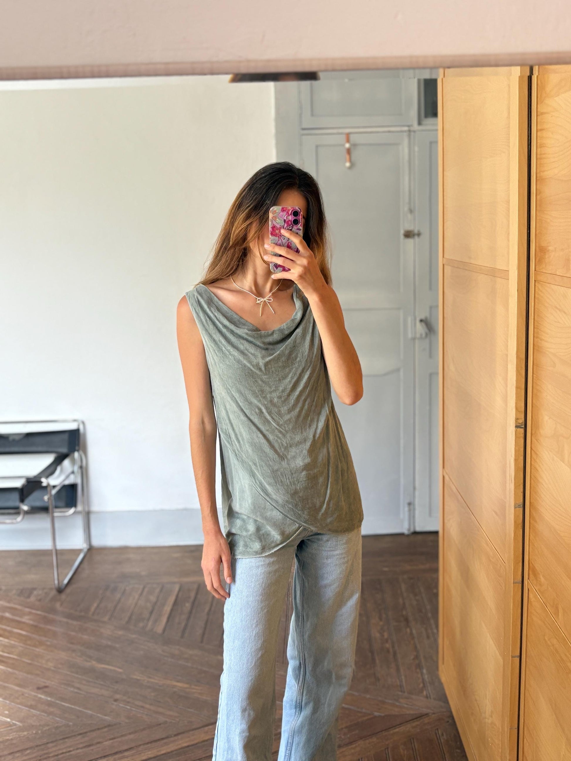 Vintage luxury made in Italy draped camisole top, Light grey elegant summer minimal camisole, Super soft shirt