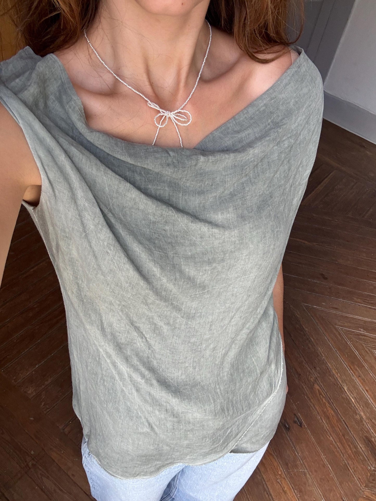 Vintage luxury made in Italy draped camisole top, Light grey elegant summer minimal camisole, Super soft shirt