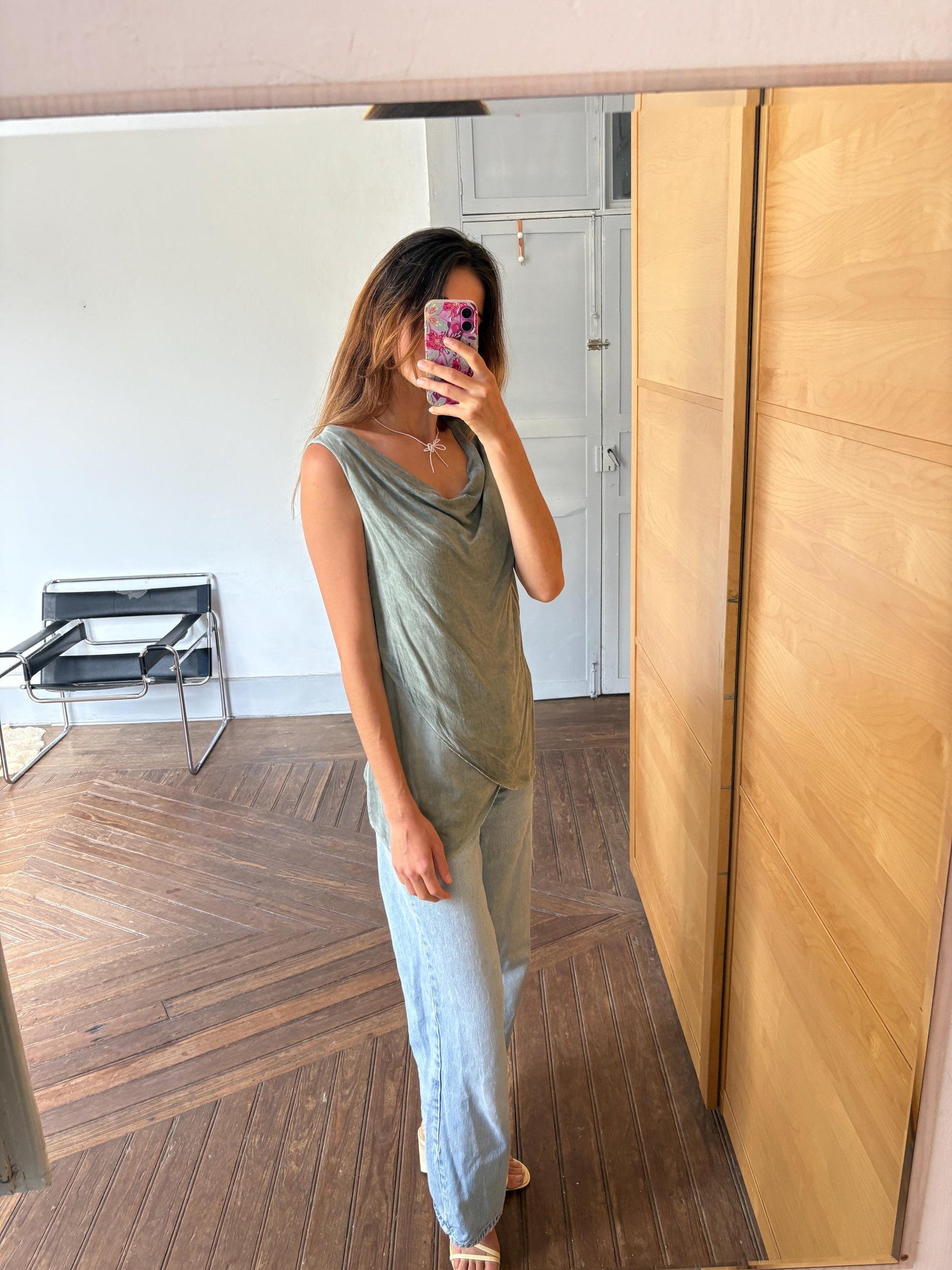 Vintage luxury made in Italy draped camisole top, Light grey elegant summer minimal camisole, Super soft shirt