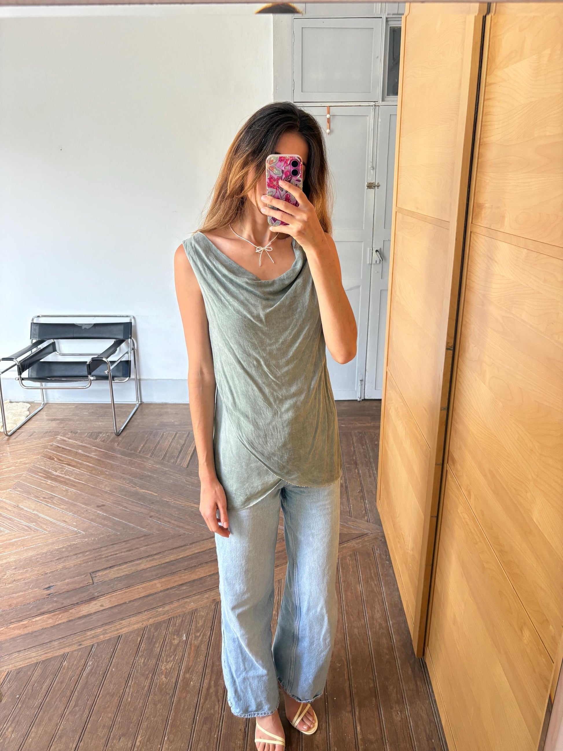Vintage luxury made in Italy draped camisole top, Light grey elegant summer minimal camisole, Super soft shirt