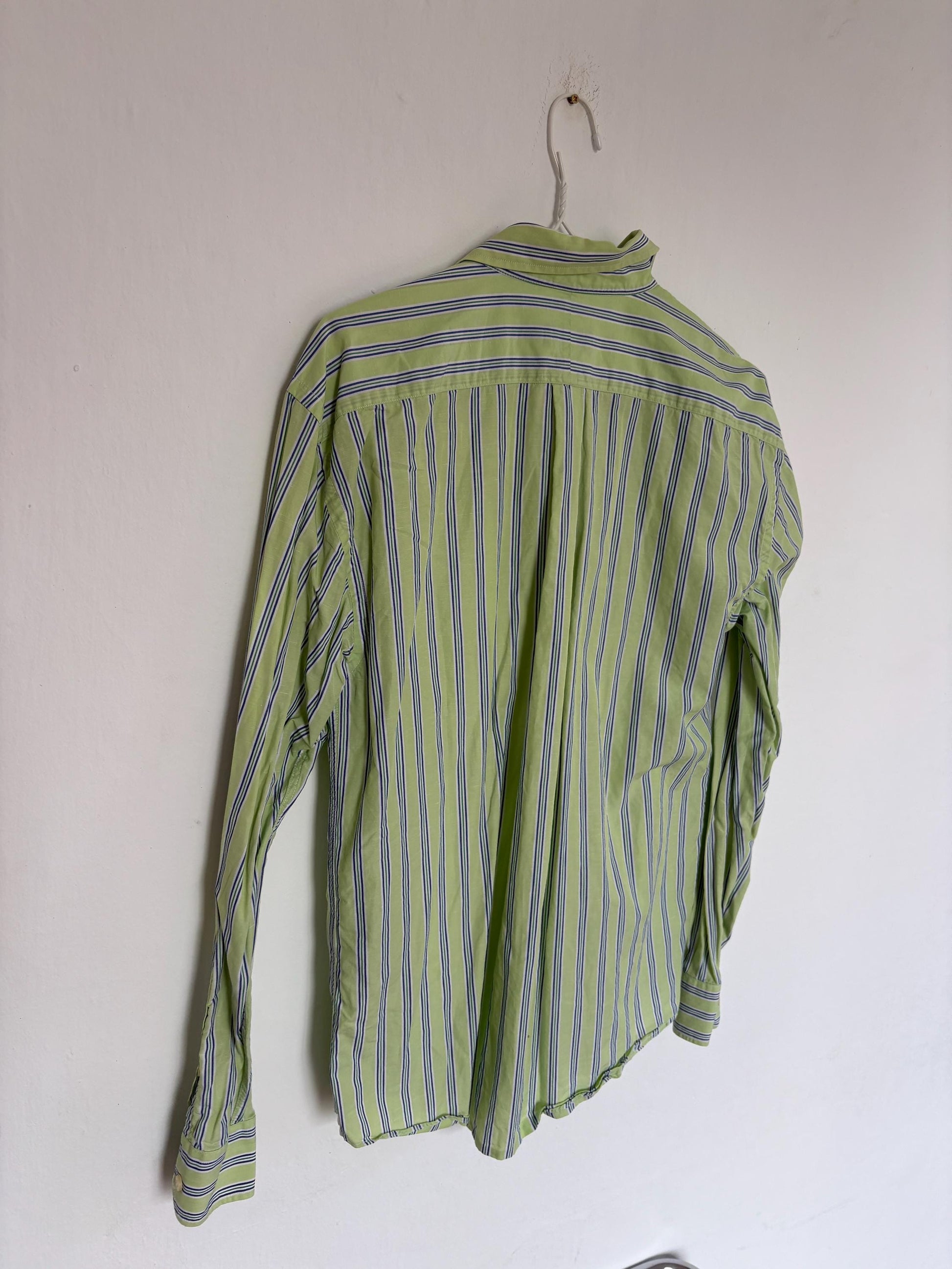 Vintage green Pedro del Hierro button down blouse, Luxe striped cotton linen blend unisex oversized shirt, Preppy classic aesthetic