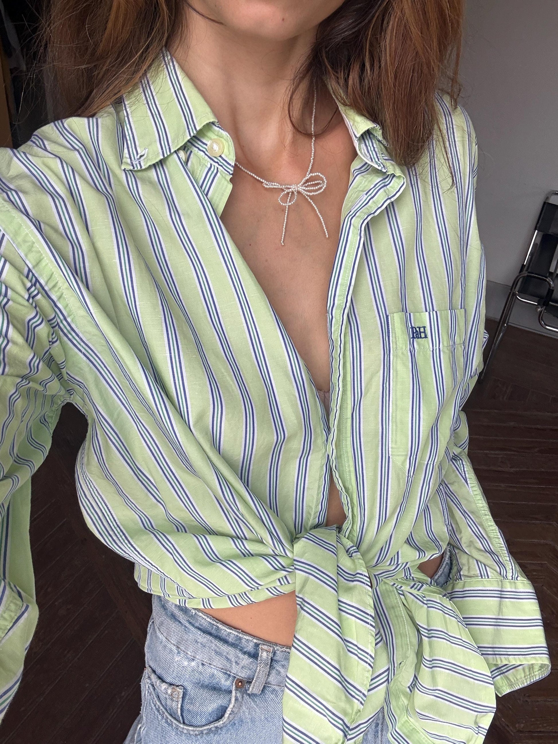 Vintage green Pedro del Hierro button down blouse, Luxe striped cotton linen blend unisex oversized shirt, Preppy classic aesthetic