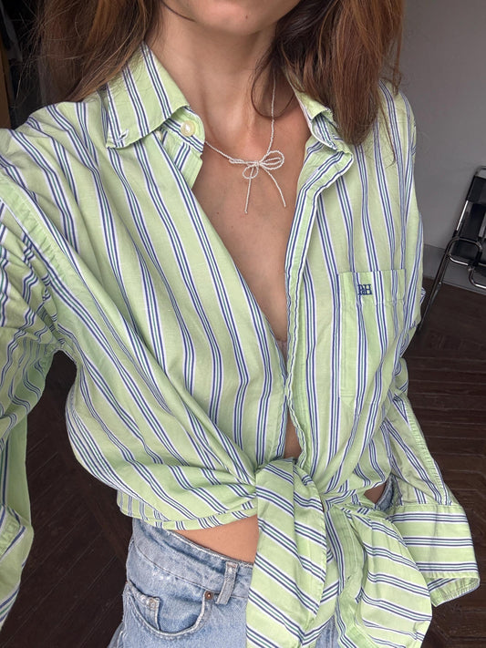 Vintage green Pedro del Hierro button down blouse, Luxe striped cotton linen blend unisex oversized shirt, Preppy classic aesthetic
