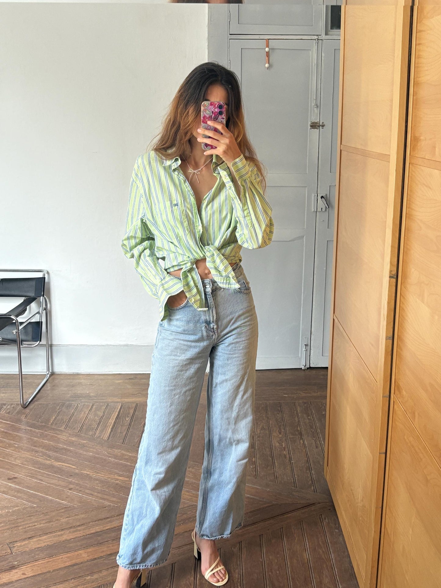 Vintage green Pedro del Hierro button down blouse, Luxe striped cotton linen blend unisex oversized shirt, Preppy classic aesthetic