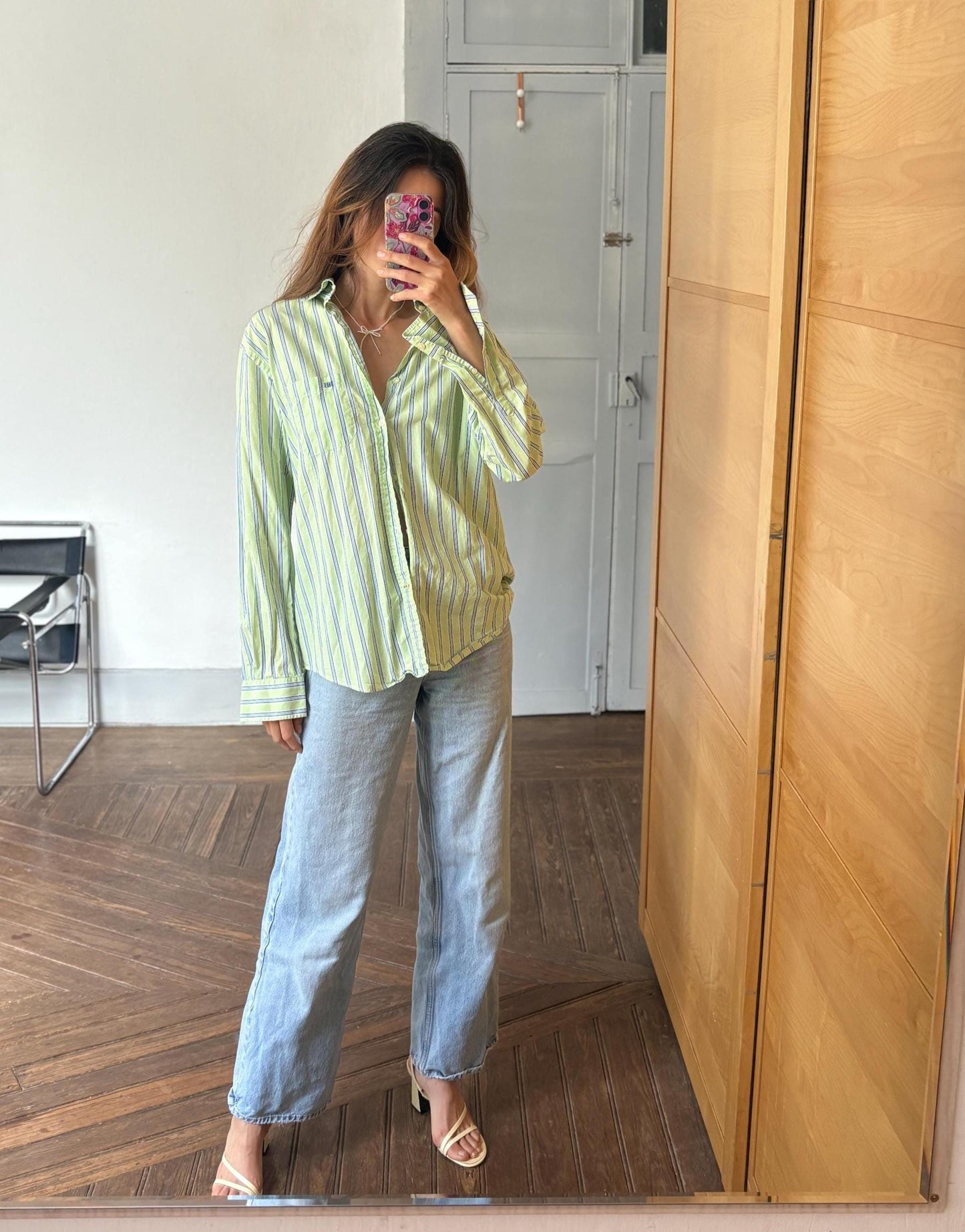 Vintage green Pedro del Hierro button down blouse, Luxe striped cotton linen blend unisex oversized shirt, Preppy classic aesthetic