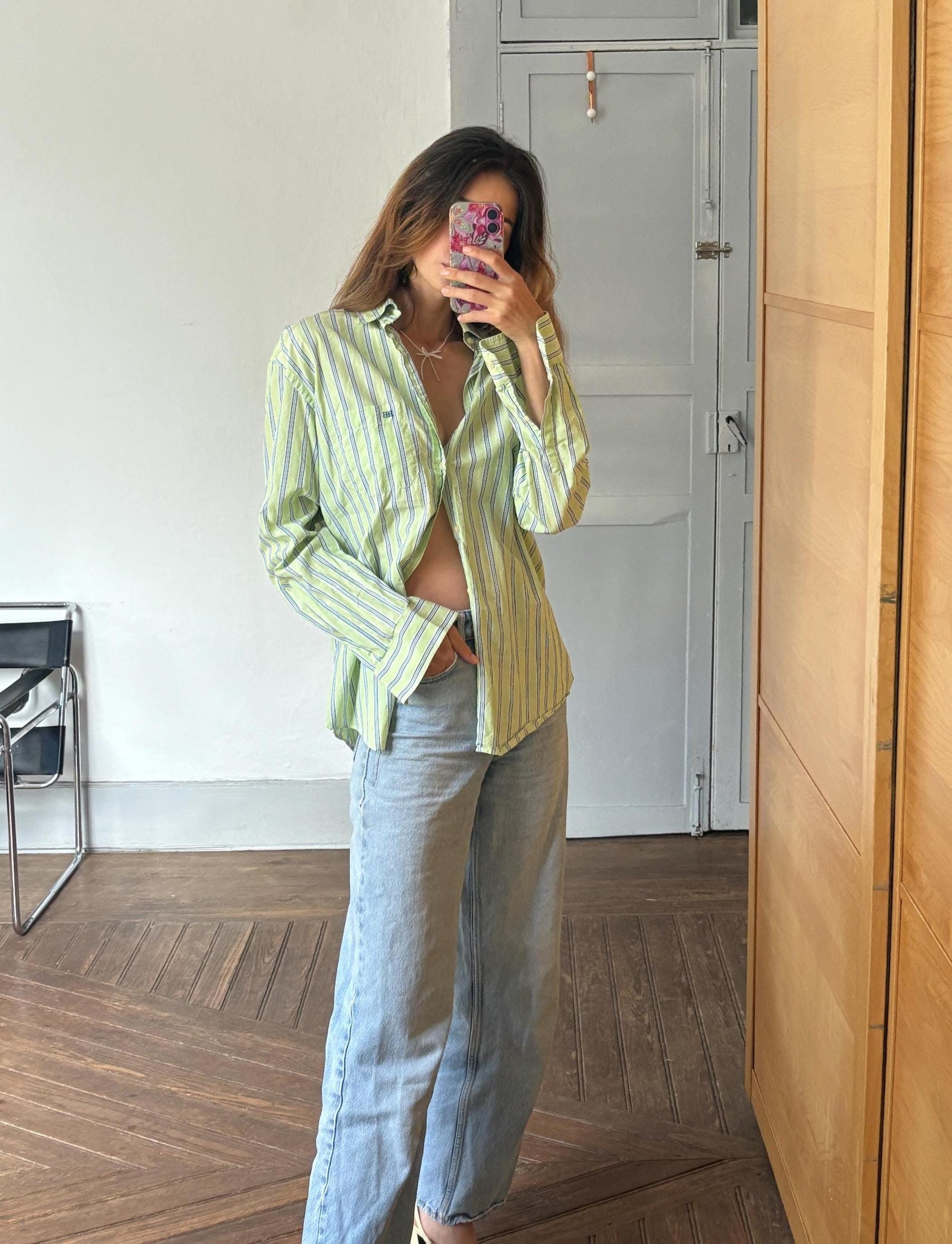 Vintage green Pedro del Hierro button down blouse, Luxe striped cotton linen blend unisex oversized shirt, Preppy classic aesthetic