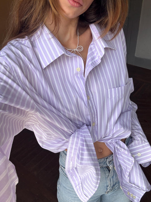 Vintage Emidio Tucci Lavender Stripe Shirt, Men’s Size 8, Cotton oversized button down, Knot tie crop top, Size XL