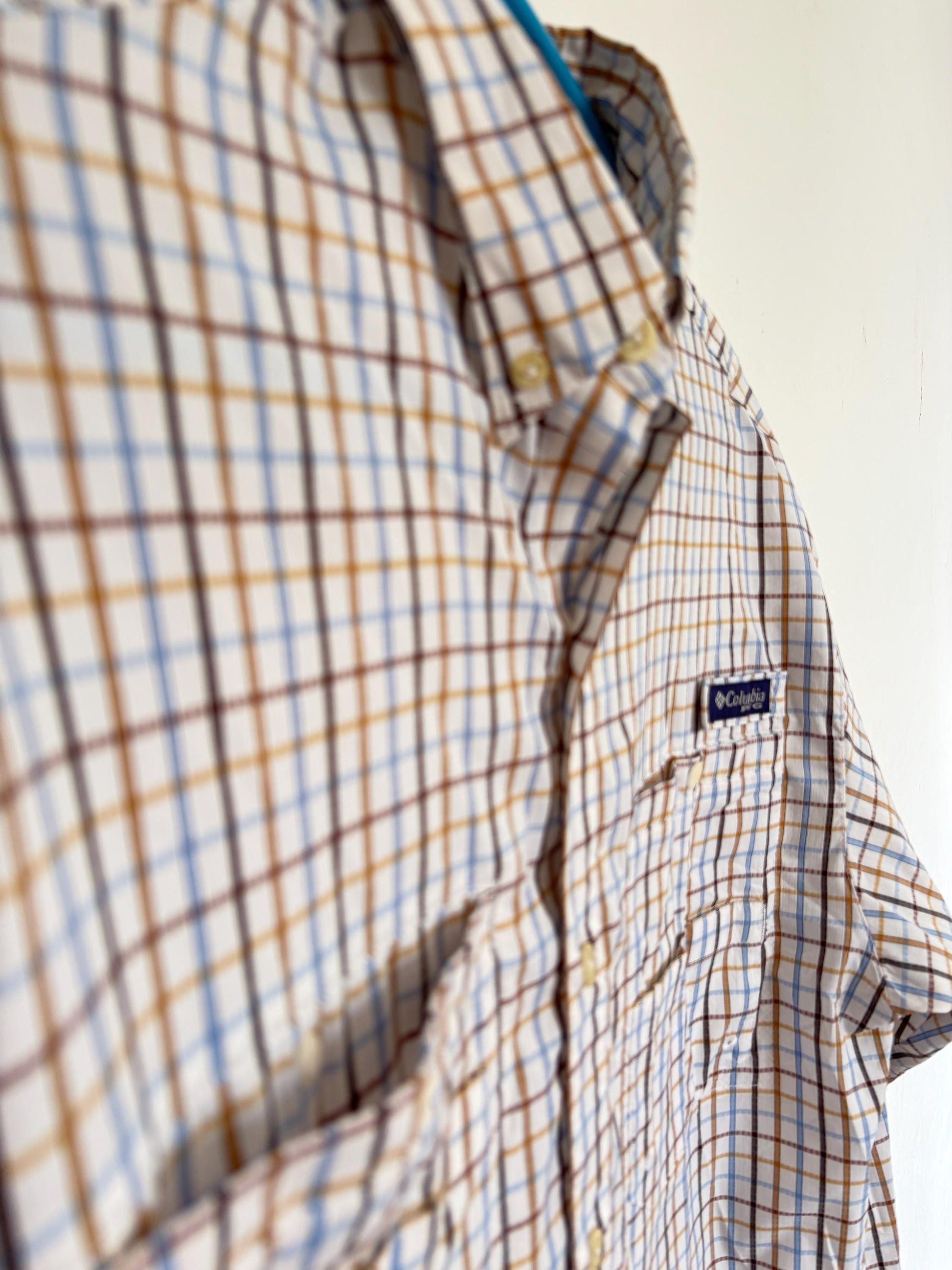 Columbia vintage check shirt M mesh lining utility outdoor button down hiking shirt unisex oversized fit blue brown plaid