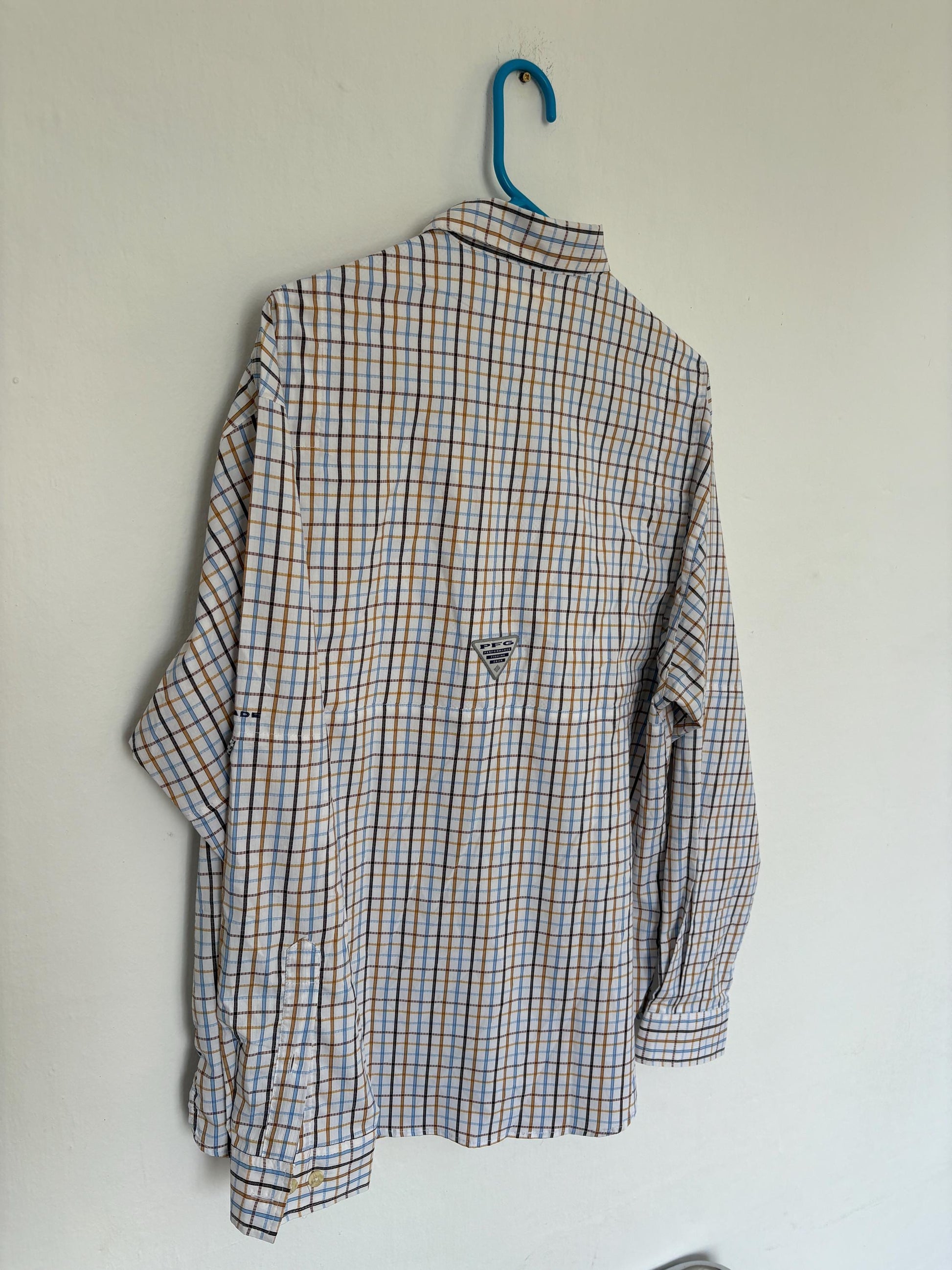 Columbia vintage check shirt M mesh lining utility outdoor button down hiking shirt unisex oversized fit blue brown plaid