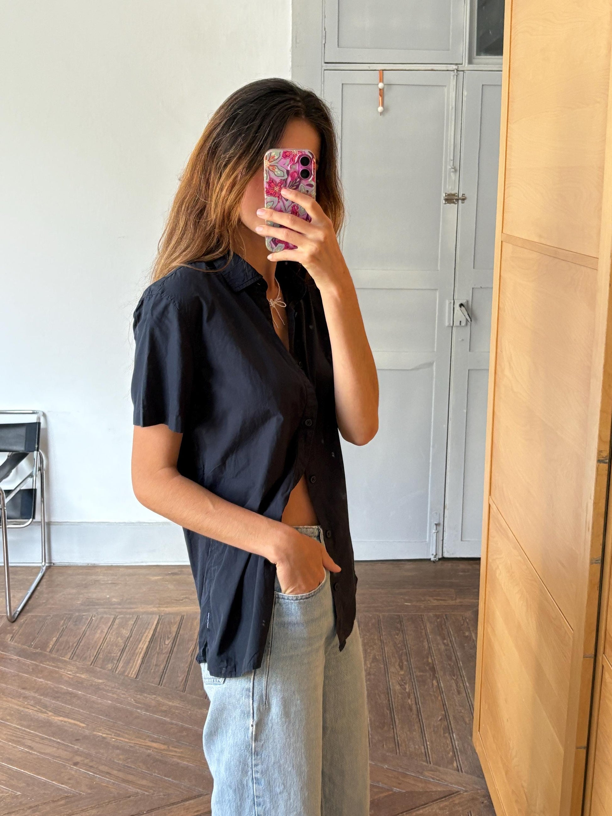 Vintage Armani Exchange black button up shirt, 1990s Casual chic cotton fitted blouse, Size M