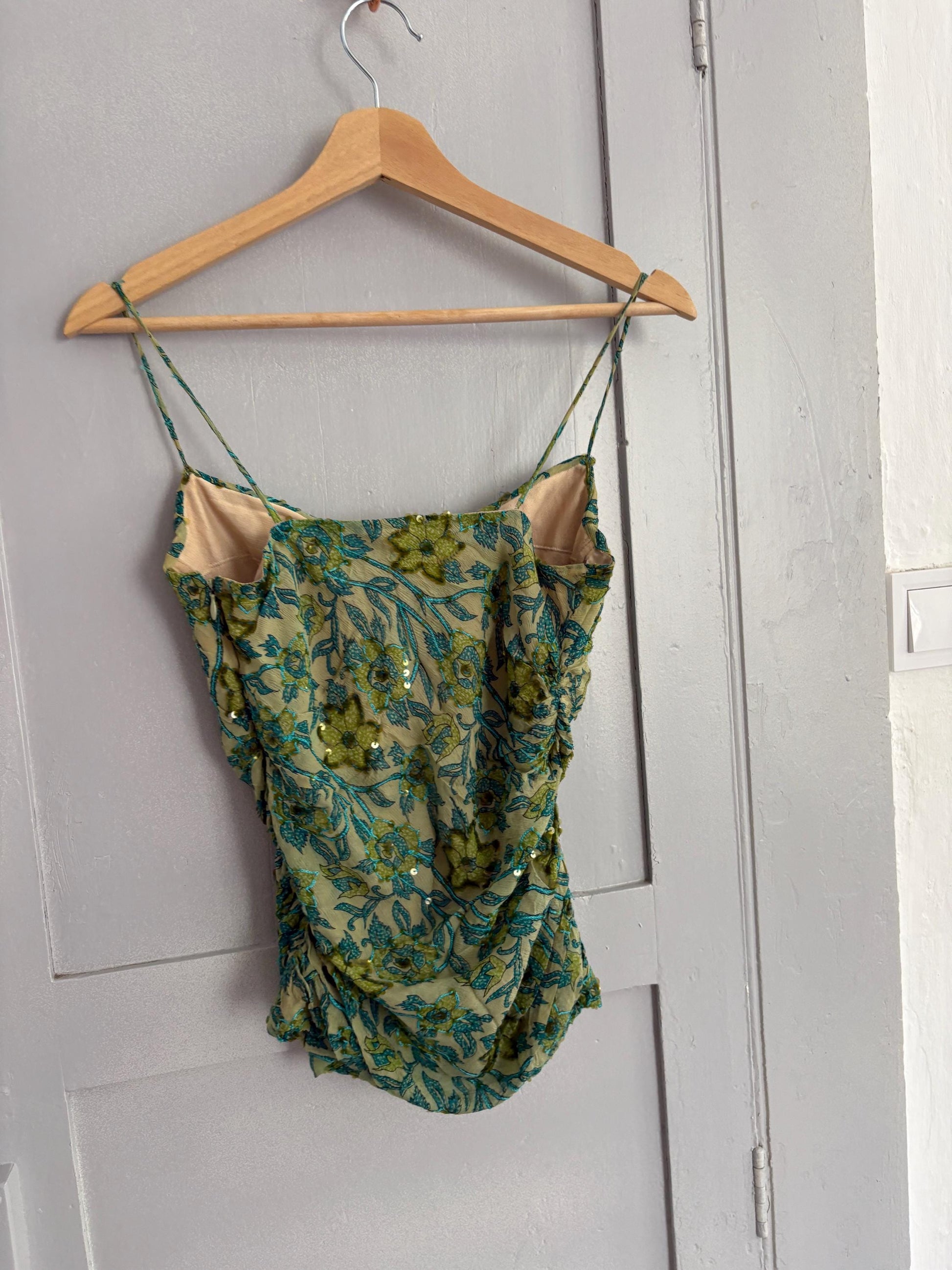 Petite Vintage Etxart & Panno 100% Silk Two Piece, Luxury Set with Sequin Floral Top and Skirt Size S - XS, Wedding guest outfit, Event wear