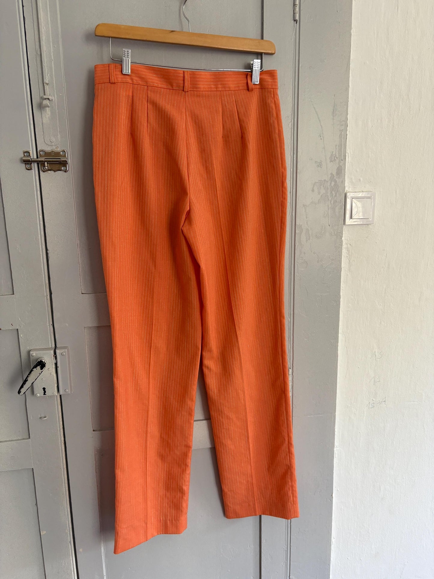 vintage orange pants, Bold pinstripe trousers, Wool blend spring outfit, Luxe statement trousers, Colourful vibrant retro pants