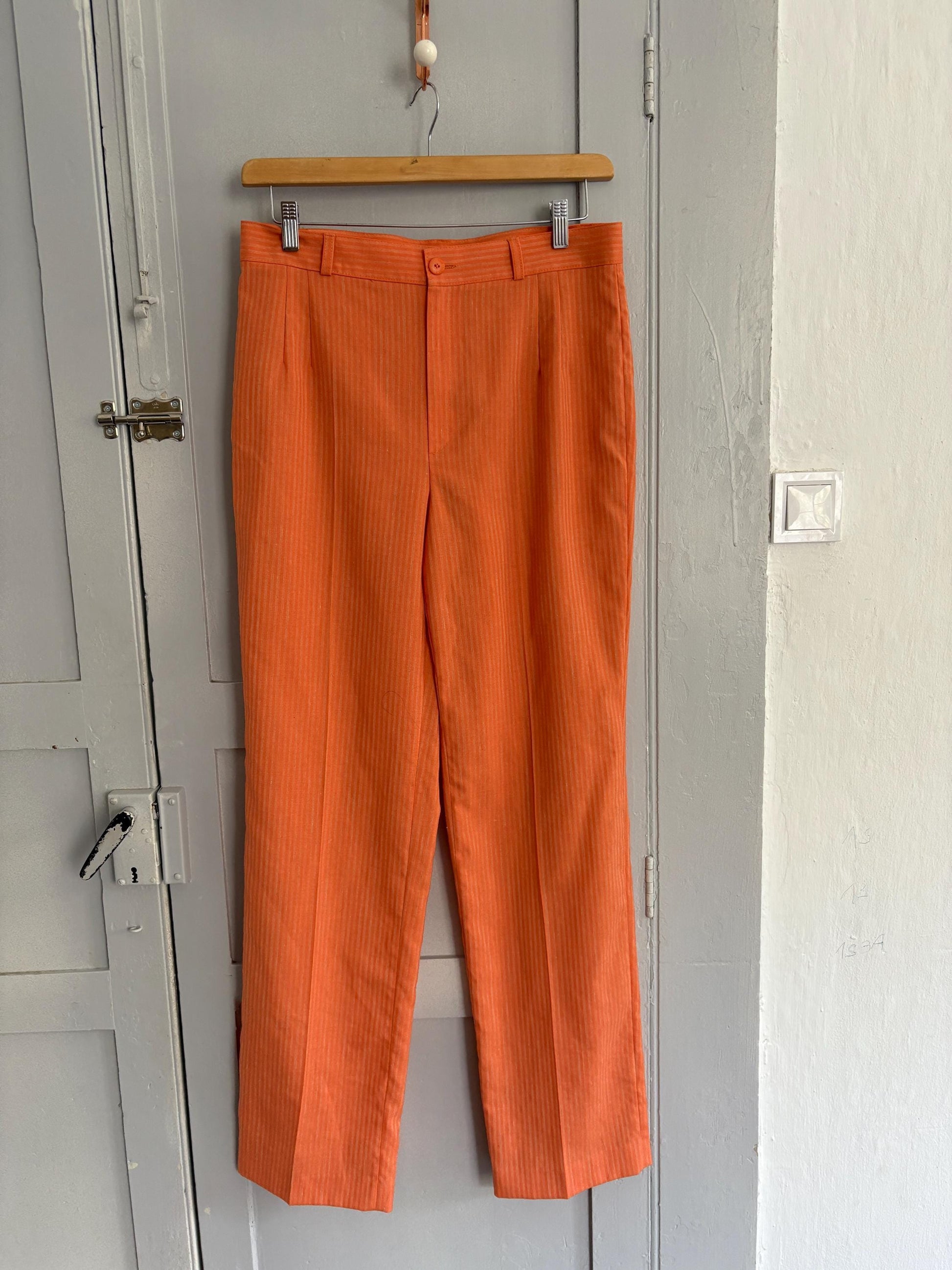 vintage orange pants, Bold pinstripe trousers, Wool blend spring outfit, Luxe statement trousers, Colourful vibrant retro pants