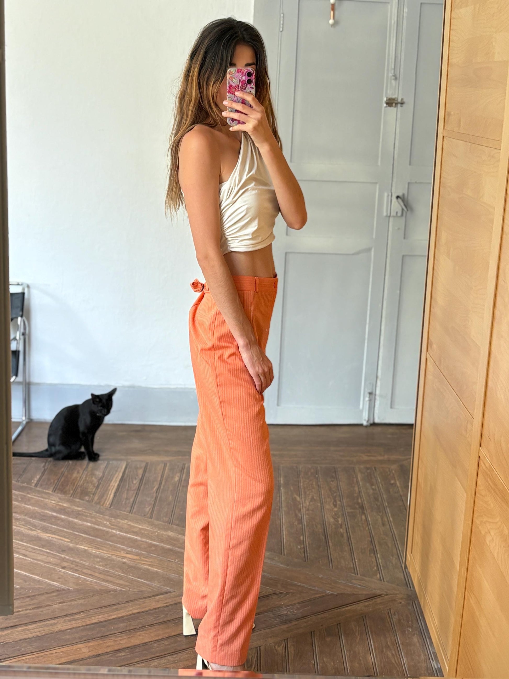 vintage orange pants, Bold pinstripe trousers, Wool blend spring outfit, Luxe statement trousers, Colourful vibrant retro pants