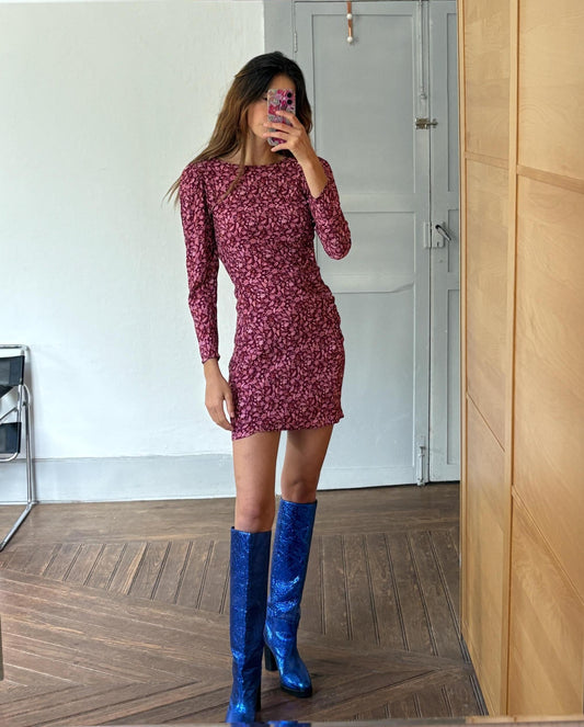 Vintage floral mini dress, Ruched long sleeve bodycon, stylish feminine aesthetic short summer outfit